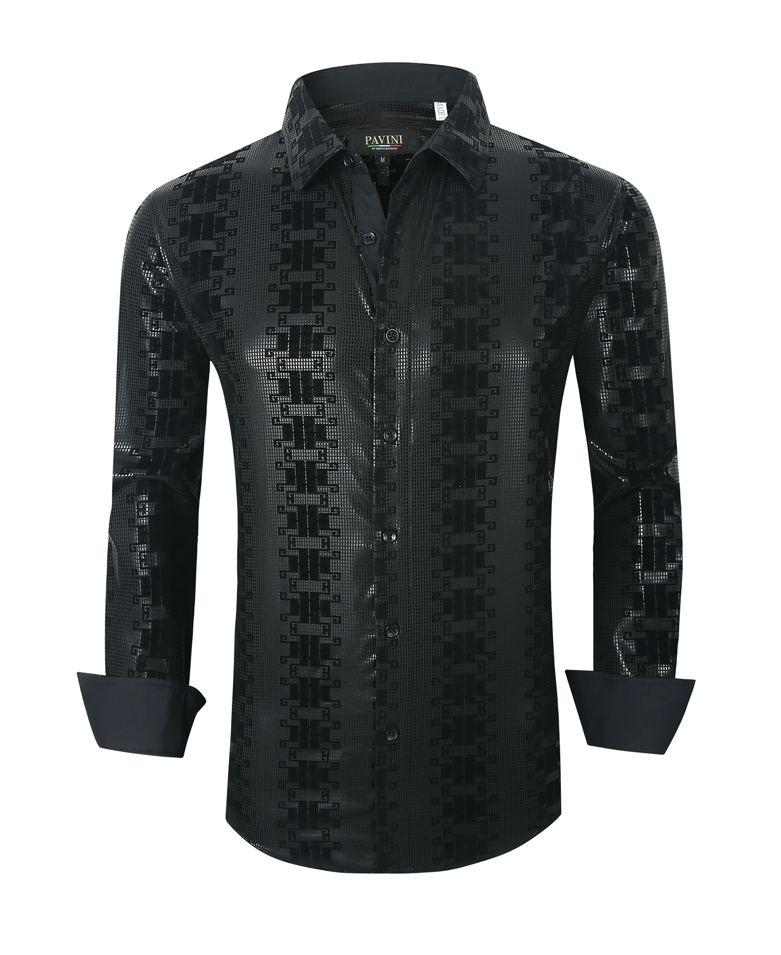 Pavini Black-on-Black Geometric Long Sleeve Dress Shirt