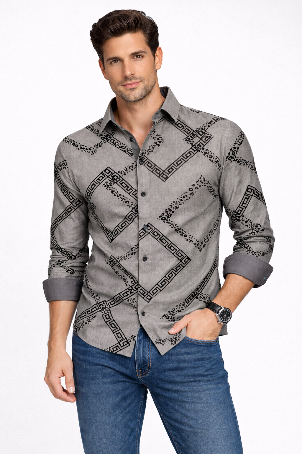 Men’s Linen Fashion Shirt with Flocking Detail