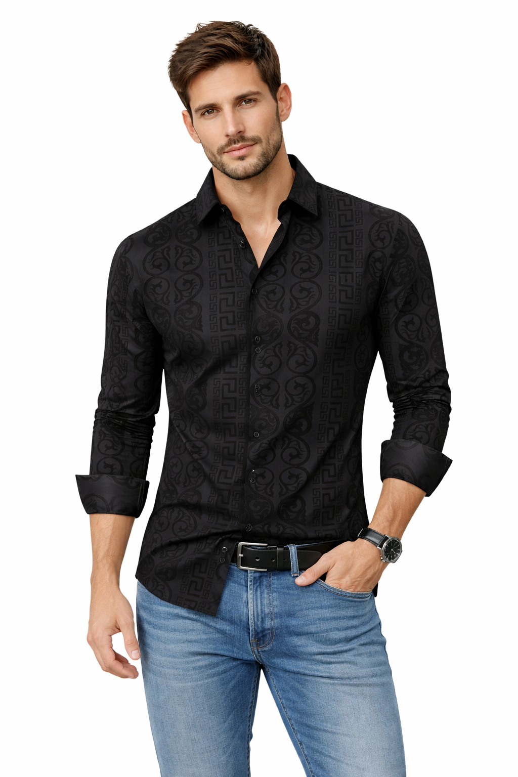 Modern Fit 4-Way Stretch Button-Down Shirt with Flocking