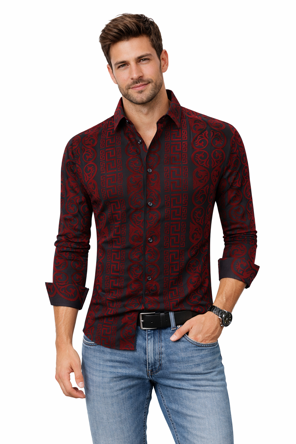Modern Fit 4-Way Stretch Button-Down Shirt with Flocking