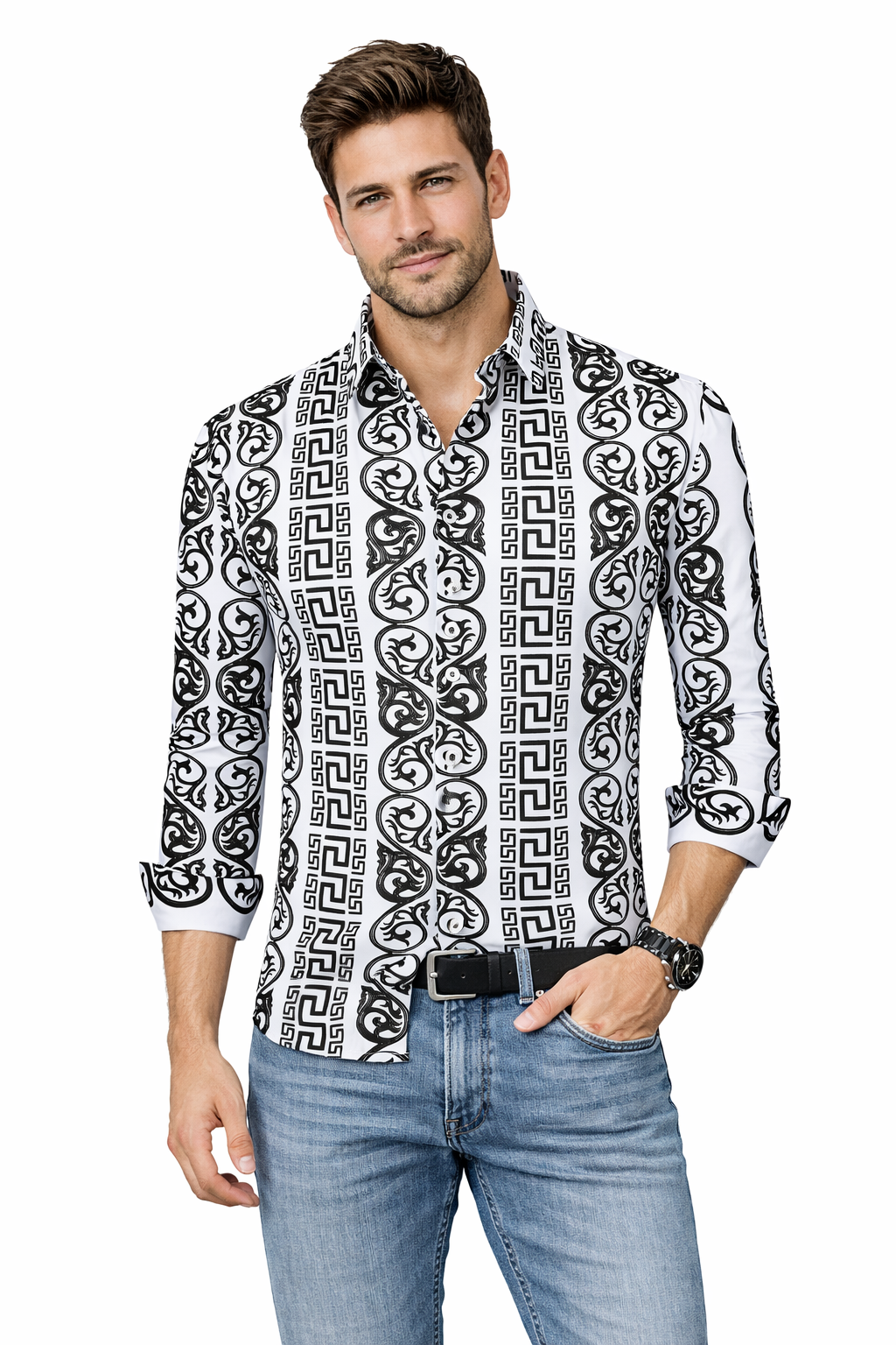 Modern Fit 4-Way Stretch Button-Down Shirt with Flocking