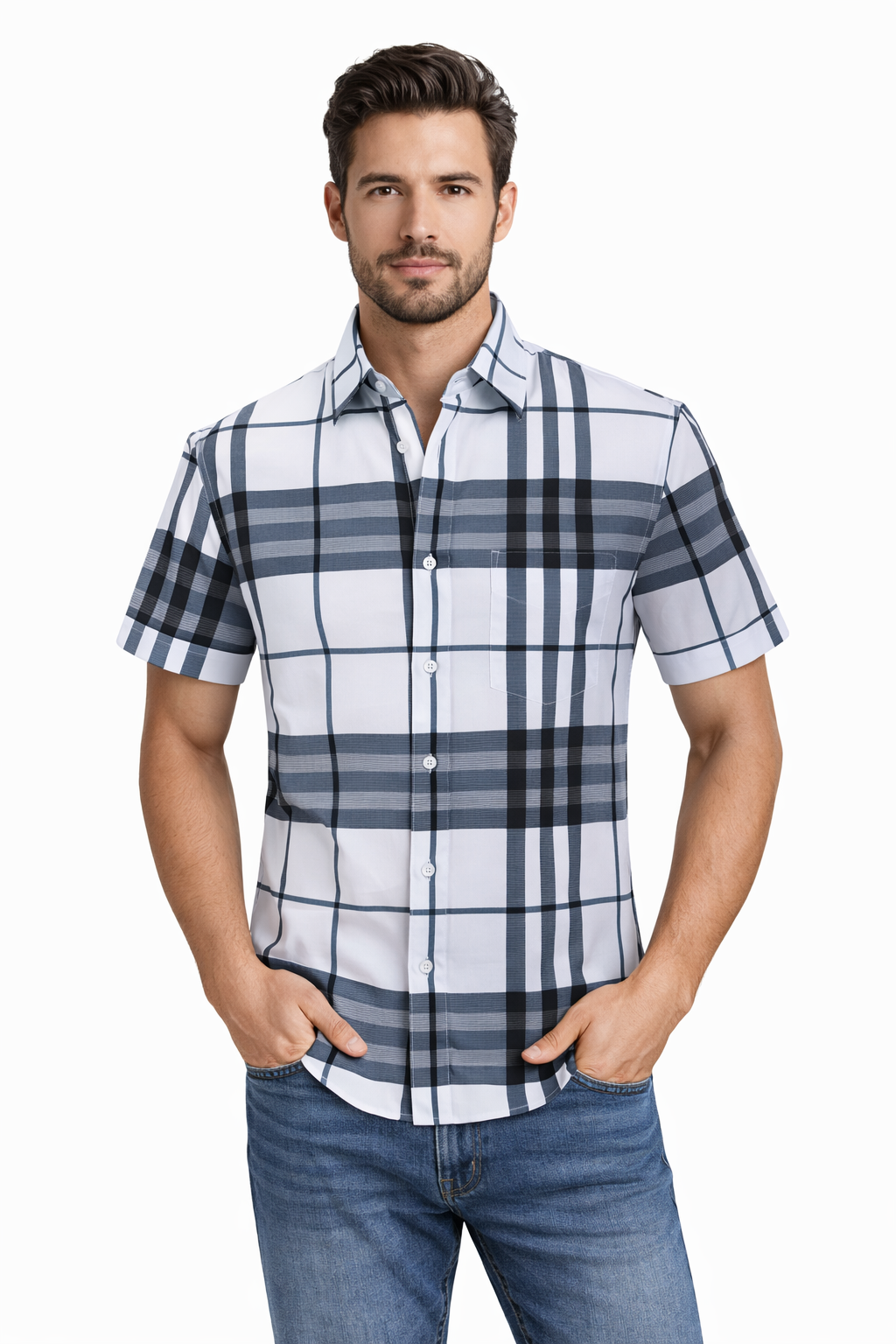Modern Fit Plaid Short Sleeve Button-Down Shirt