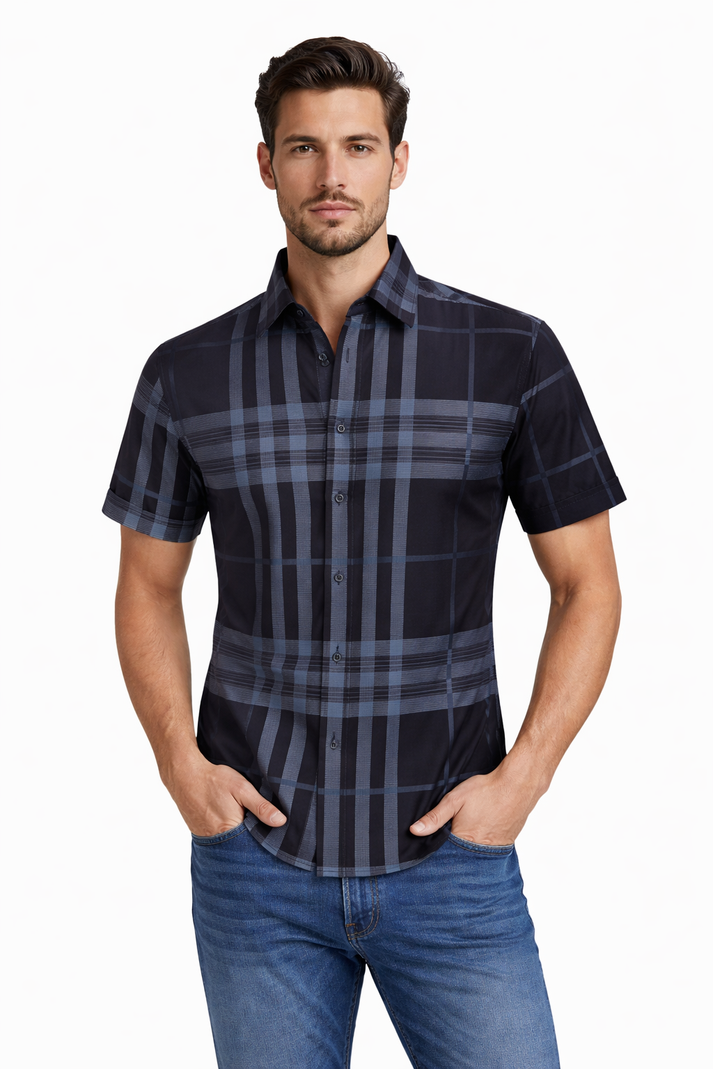 Modern Fit Plaid Short Sleeve Button-Down Shirt