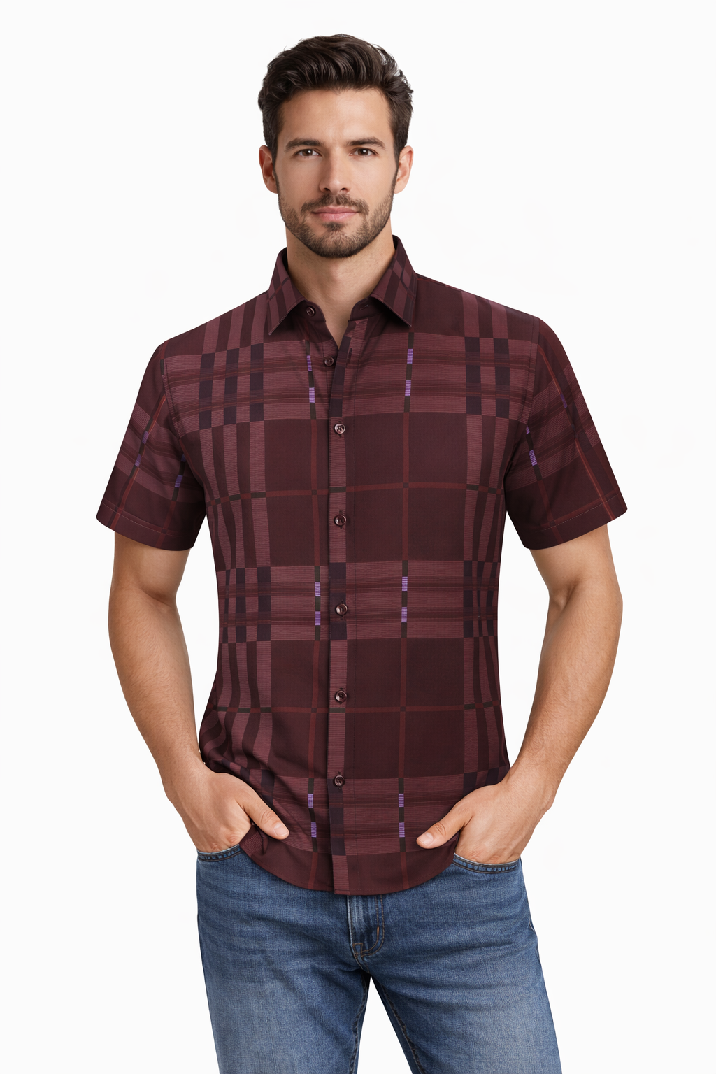 Modern Fit Plaid Short Sleeve Button-Down Shirt