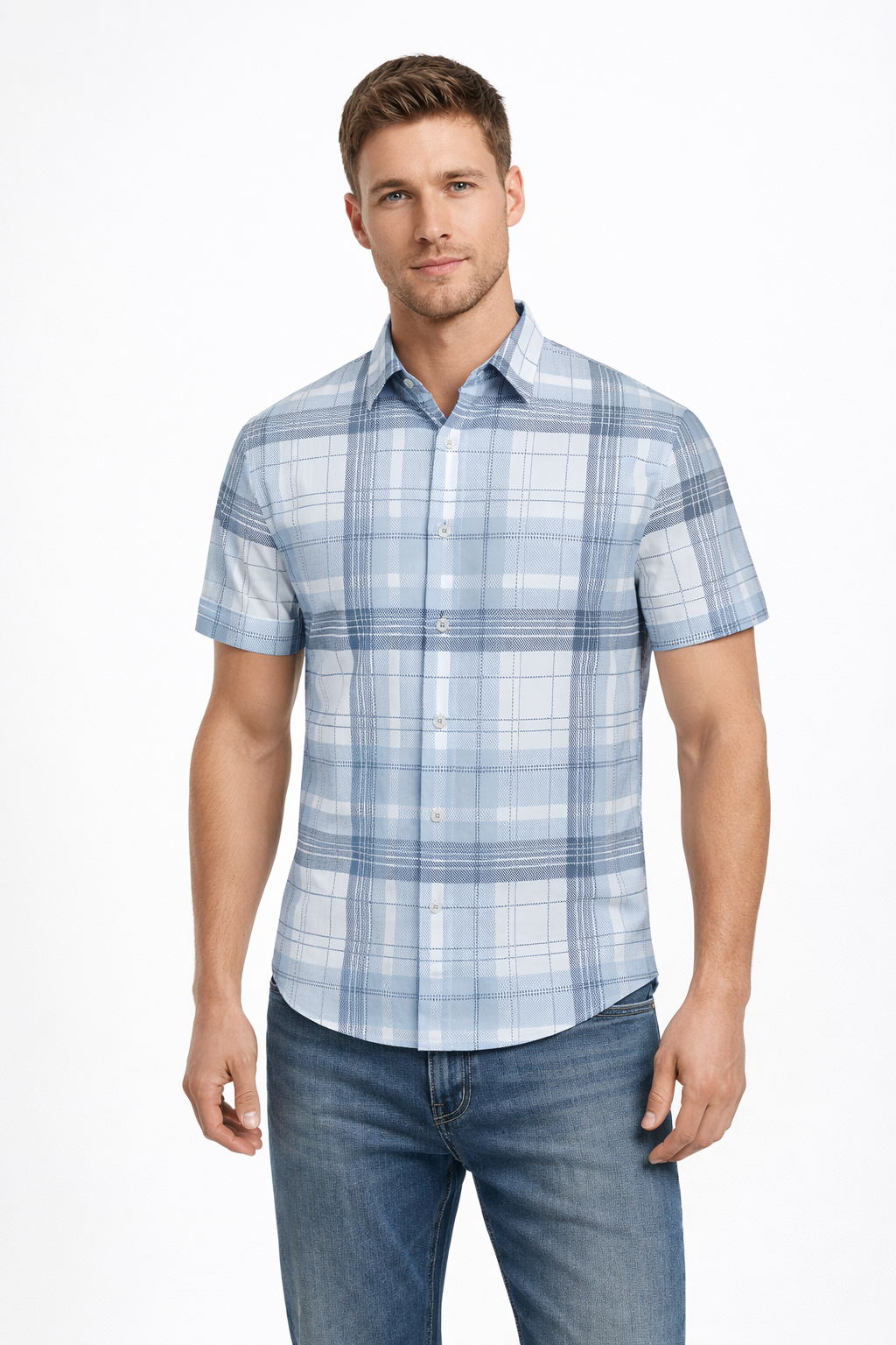 Men’s Modern Fit Short Sleeve Printed Plaid Shirt