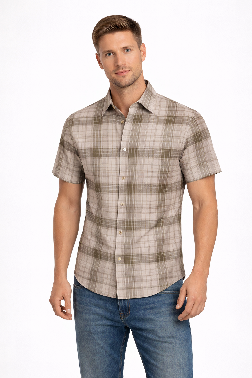 Men’s Modern Fit Short Sleeve Printed Plaid Shirt