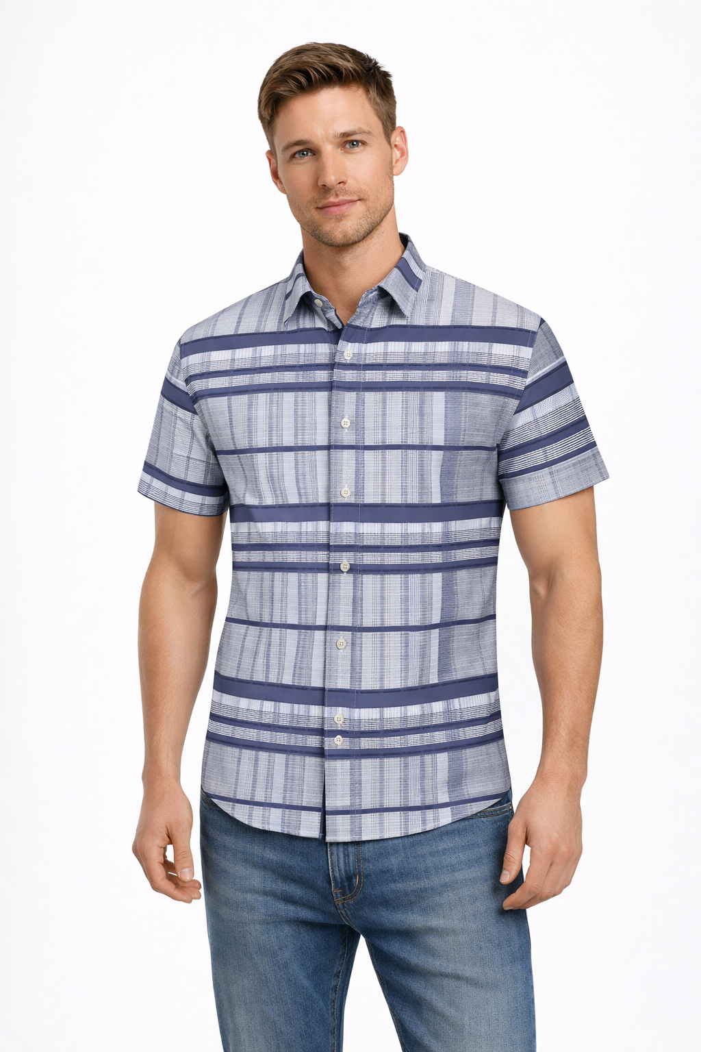 Men’s Modern Fit Short Sleeve Printed Plaid Shirt