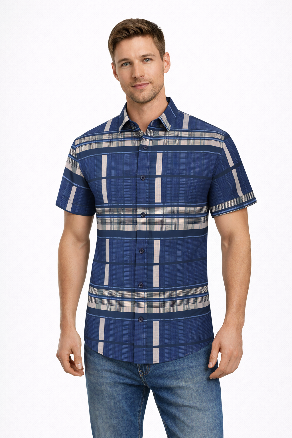 Men’s Modern Fit Short Sleeve Printed Plaid Shirt