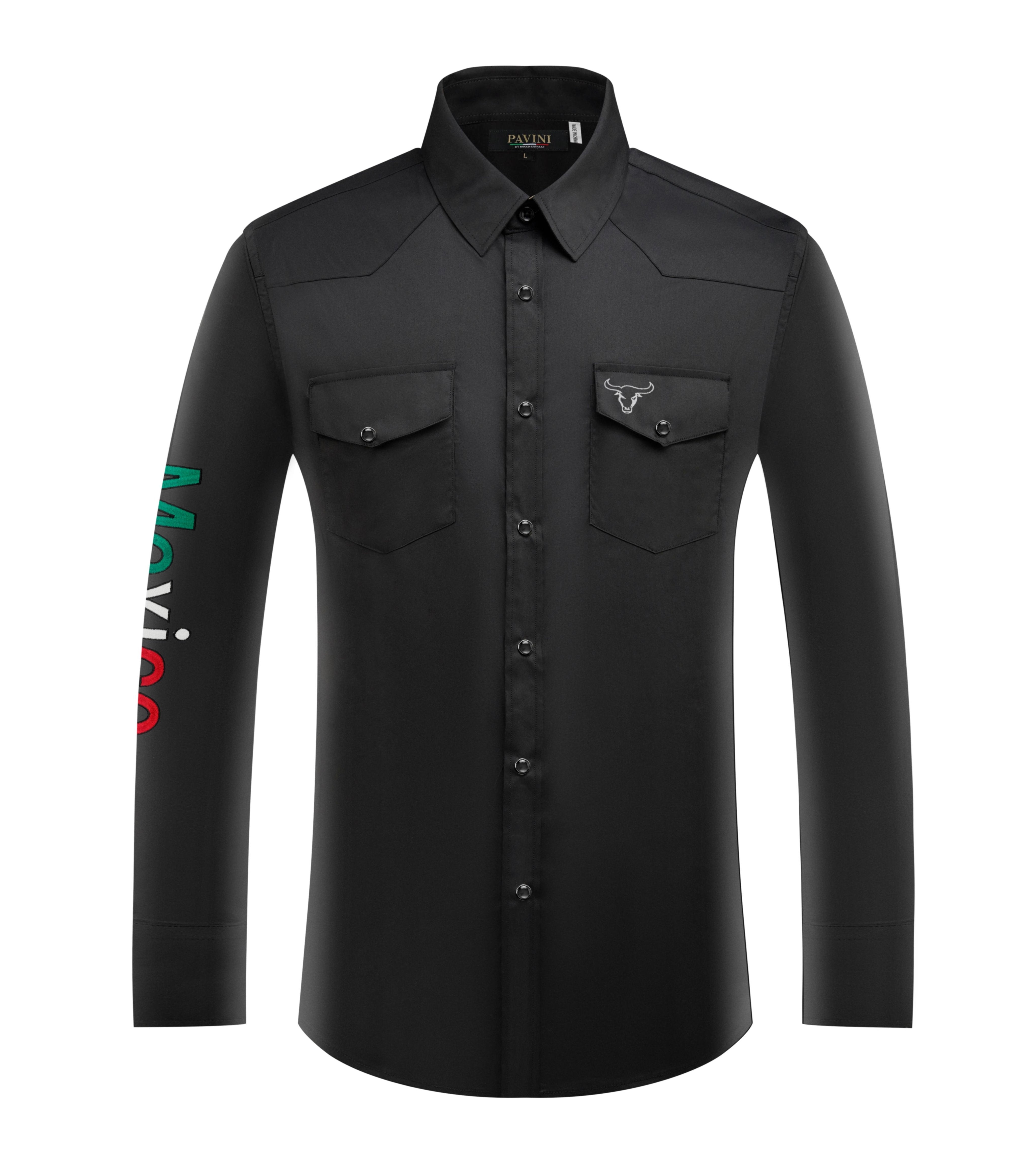 PAVINI Men’s Mexico Western Shirt Embroidered Sleeve Flag Patch