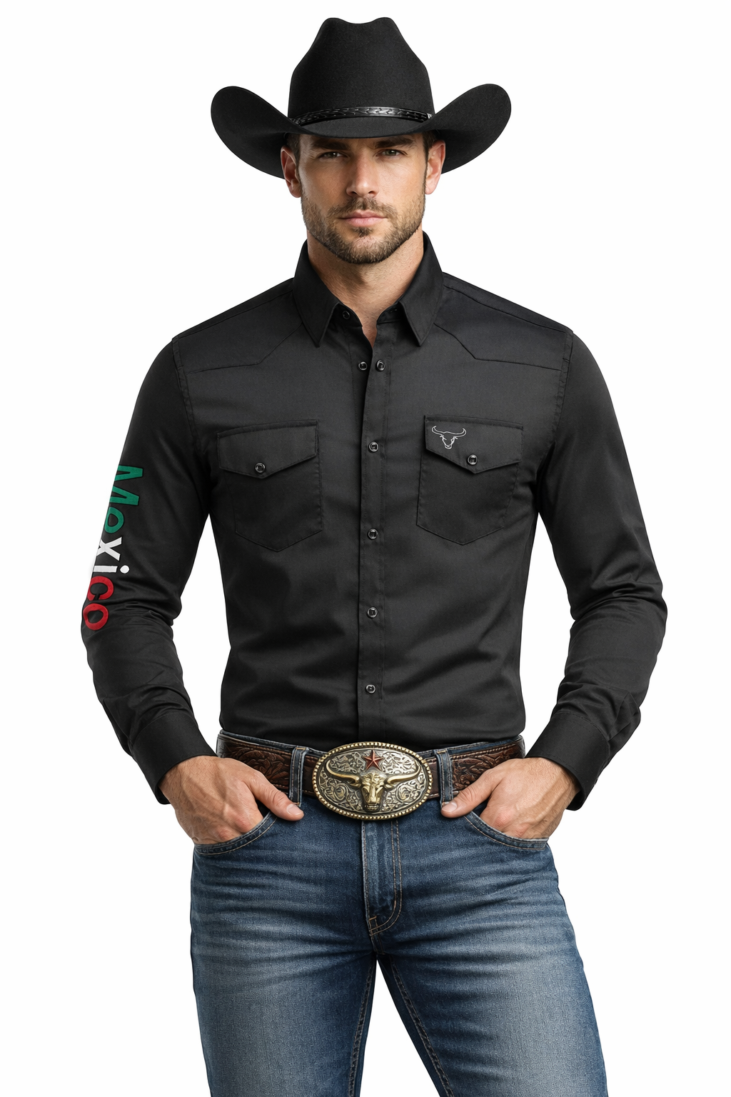 PAVINI Men’s Mexico Western Shirt Embroidered Sleeve Flag Patch