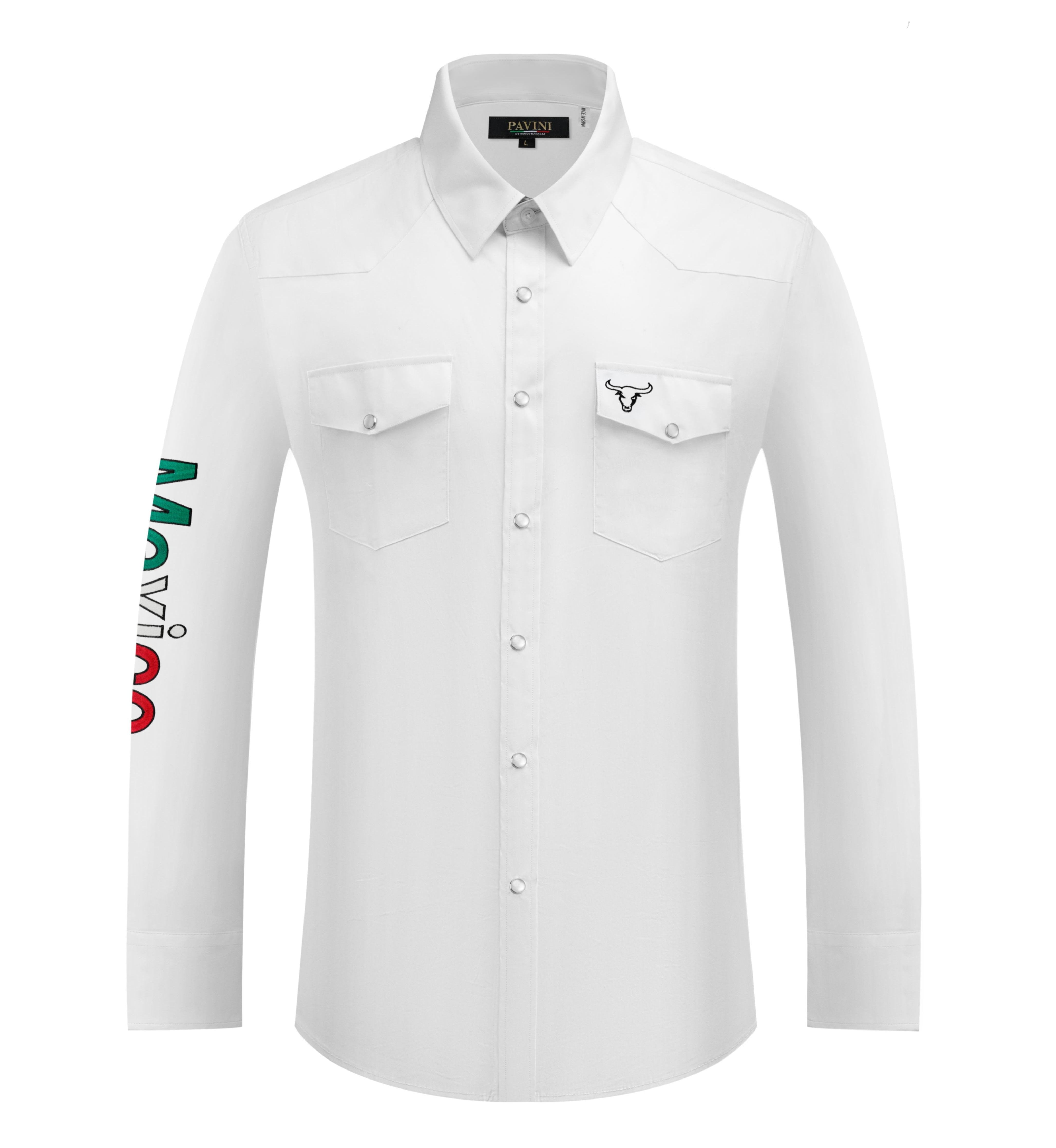 PAVINI Men’s Mexico Western Shirt Embroidered Sleeve Flag Patch