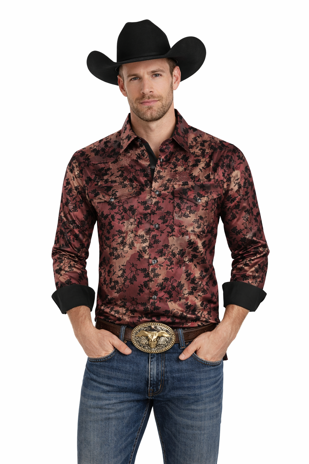 Snap Down Western Long Sleeve Shirt (with Flocking)