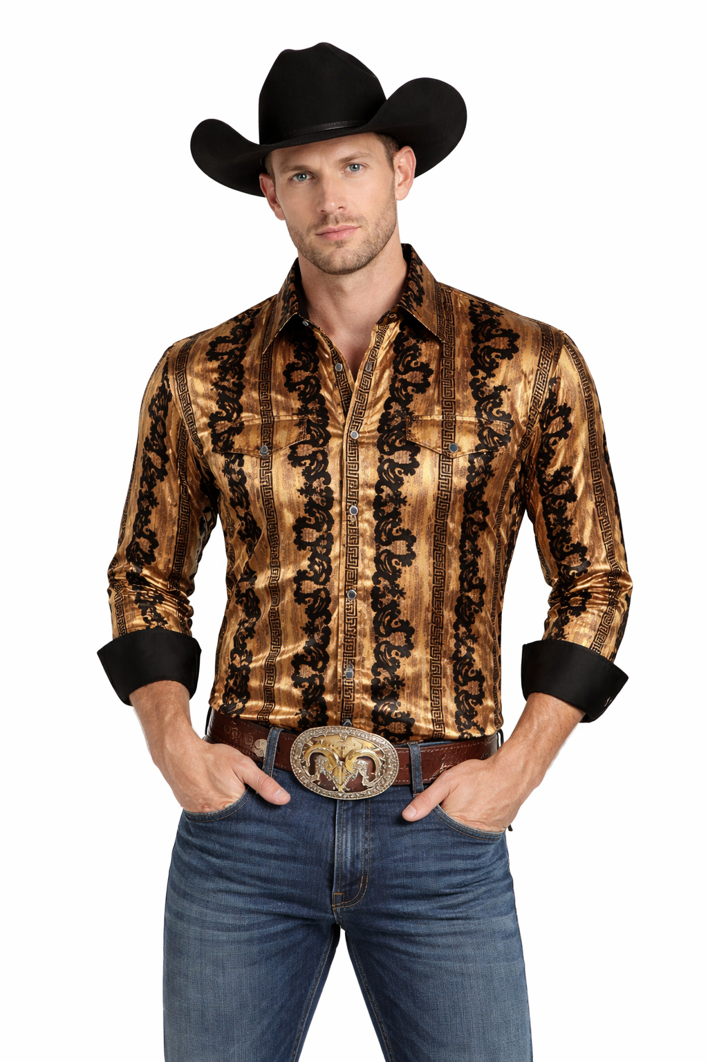 Snap Down Western Long Sleeve Shirt (with Flocking)