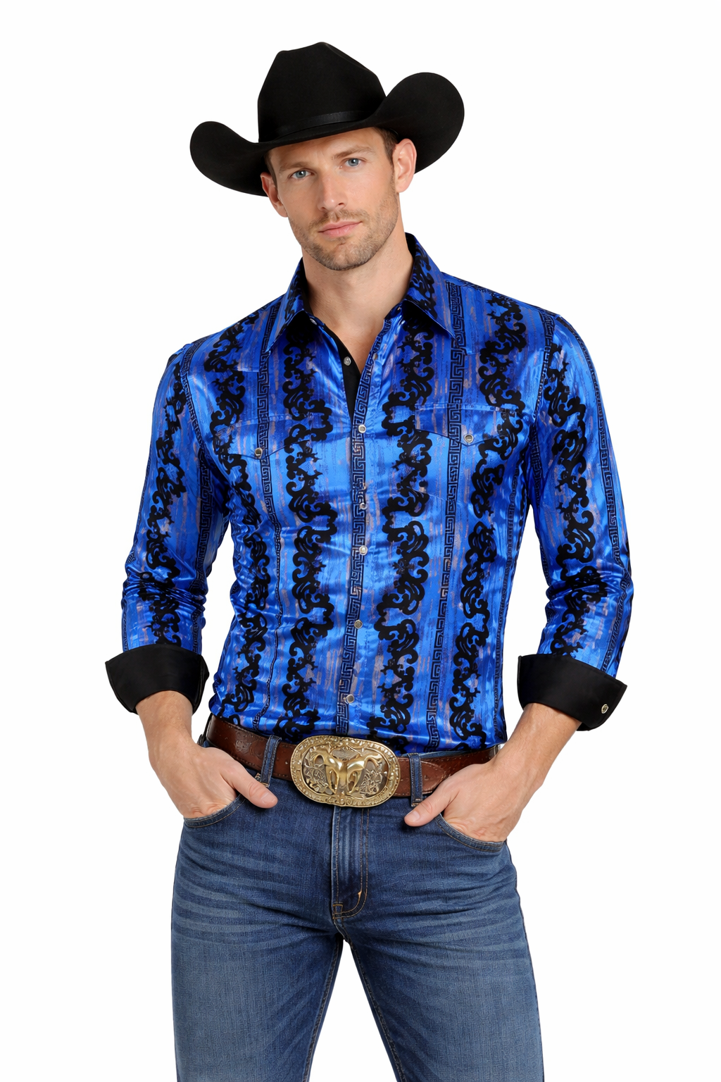 Snap Down Western Long Sleeve Shirt (with Flocking)