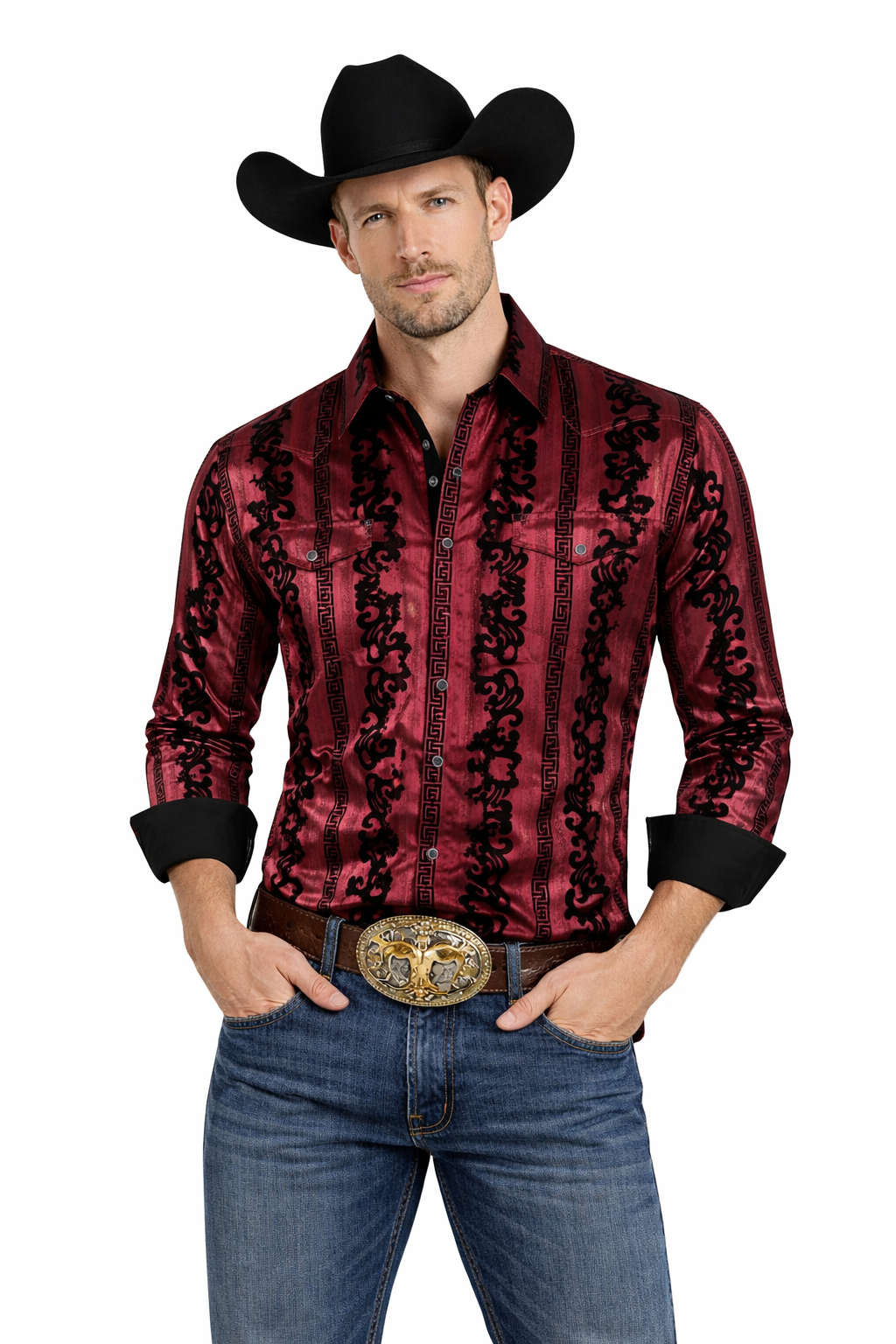 Snap Down Western Long Sleeve Shirt (with Flocking)
