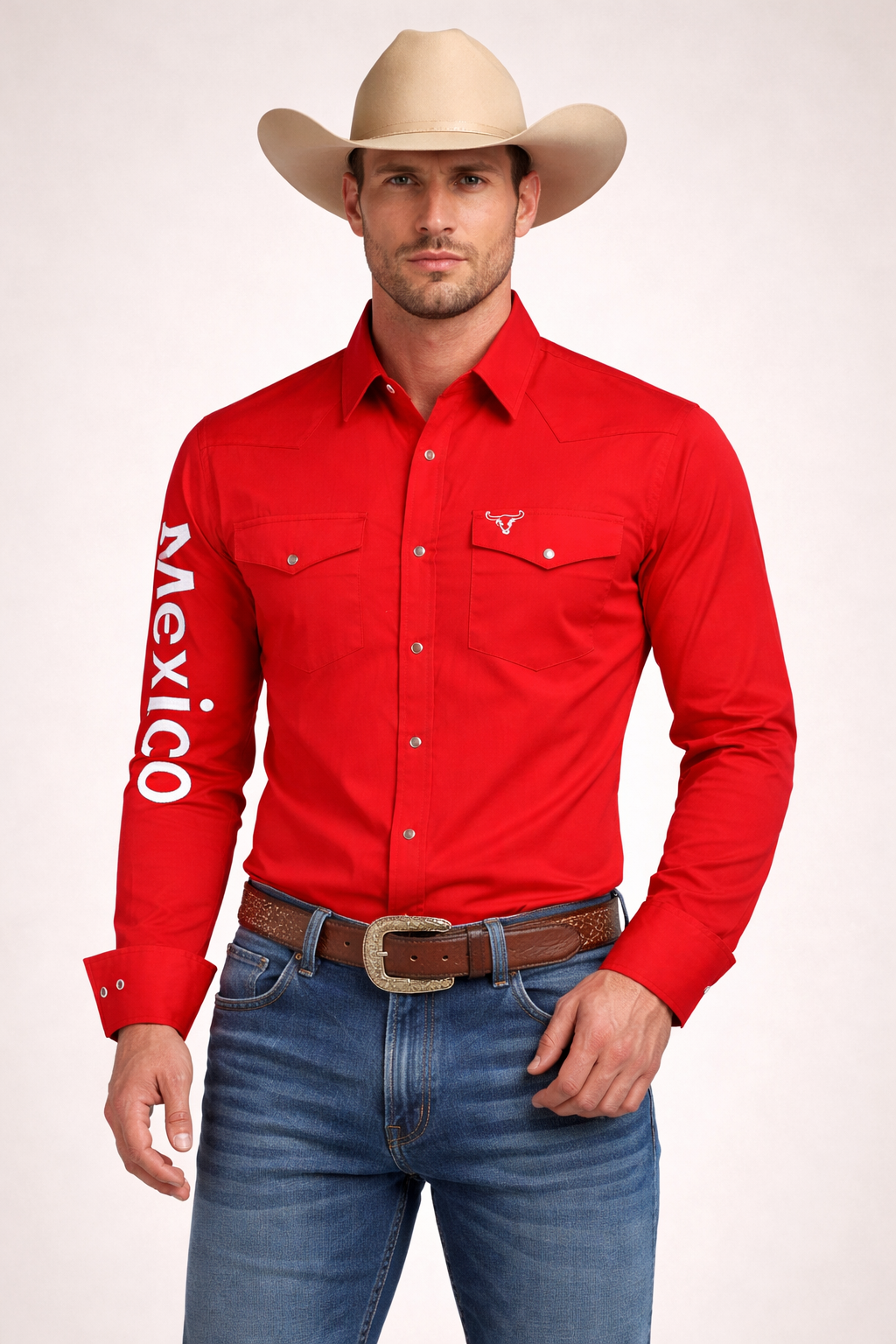 PAVINI Men’s Mexico Western Snap Shirt – Long Sleeve, Embroidered Sleeve Flag Patch