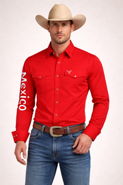 PAVINI Men’s Mexico Western Snap Shirt – Long Sleeve, Embroidered Sleeve Flag Patch