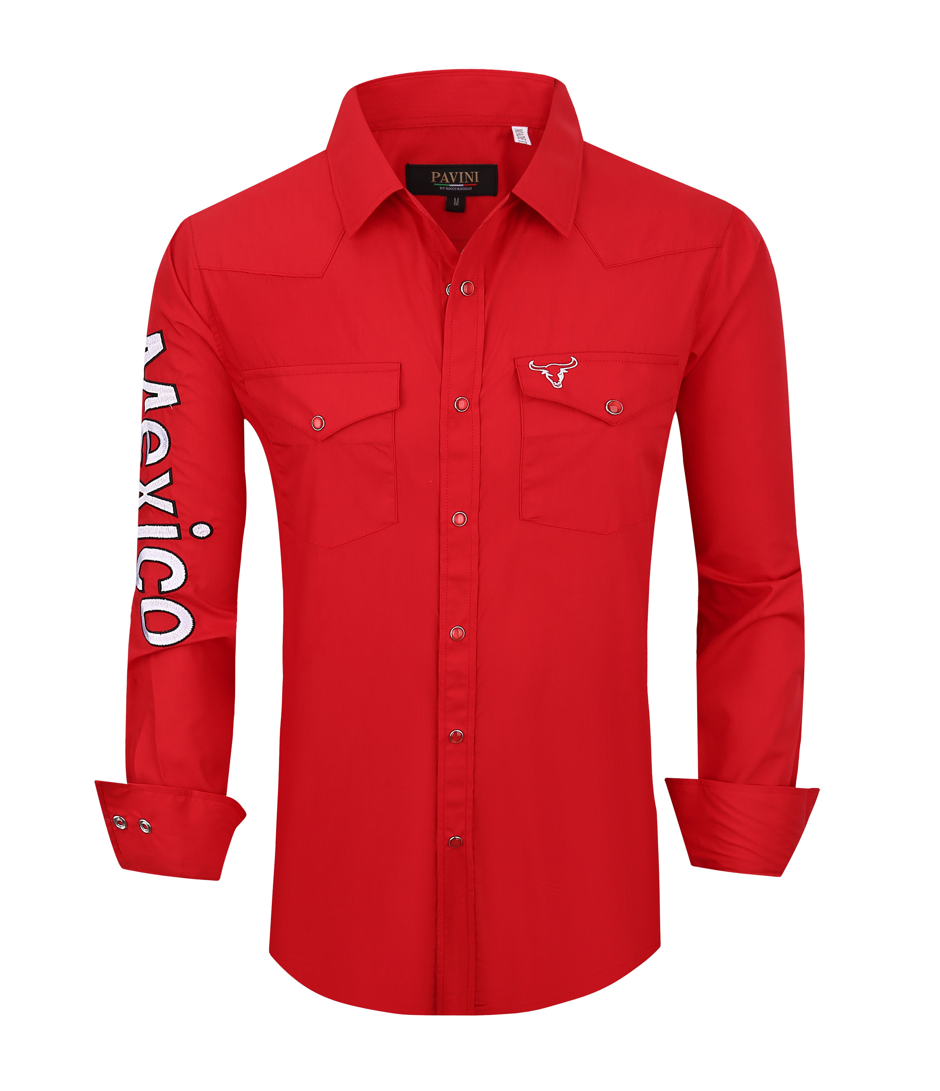PAVINI Men’s Mexico Western Snap Shirt – Long Sleeve, Embroidered Sleeve Flag Patch