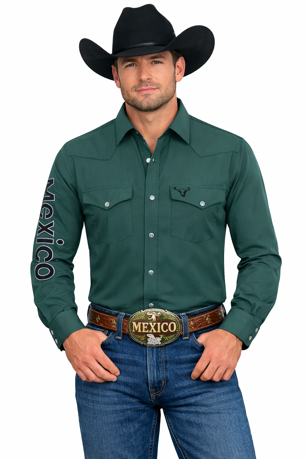 PAVINI Men’s Mexico Western Snap Shirt – Long Sleeve, Embroidered Sleeve Flag Patch