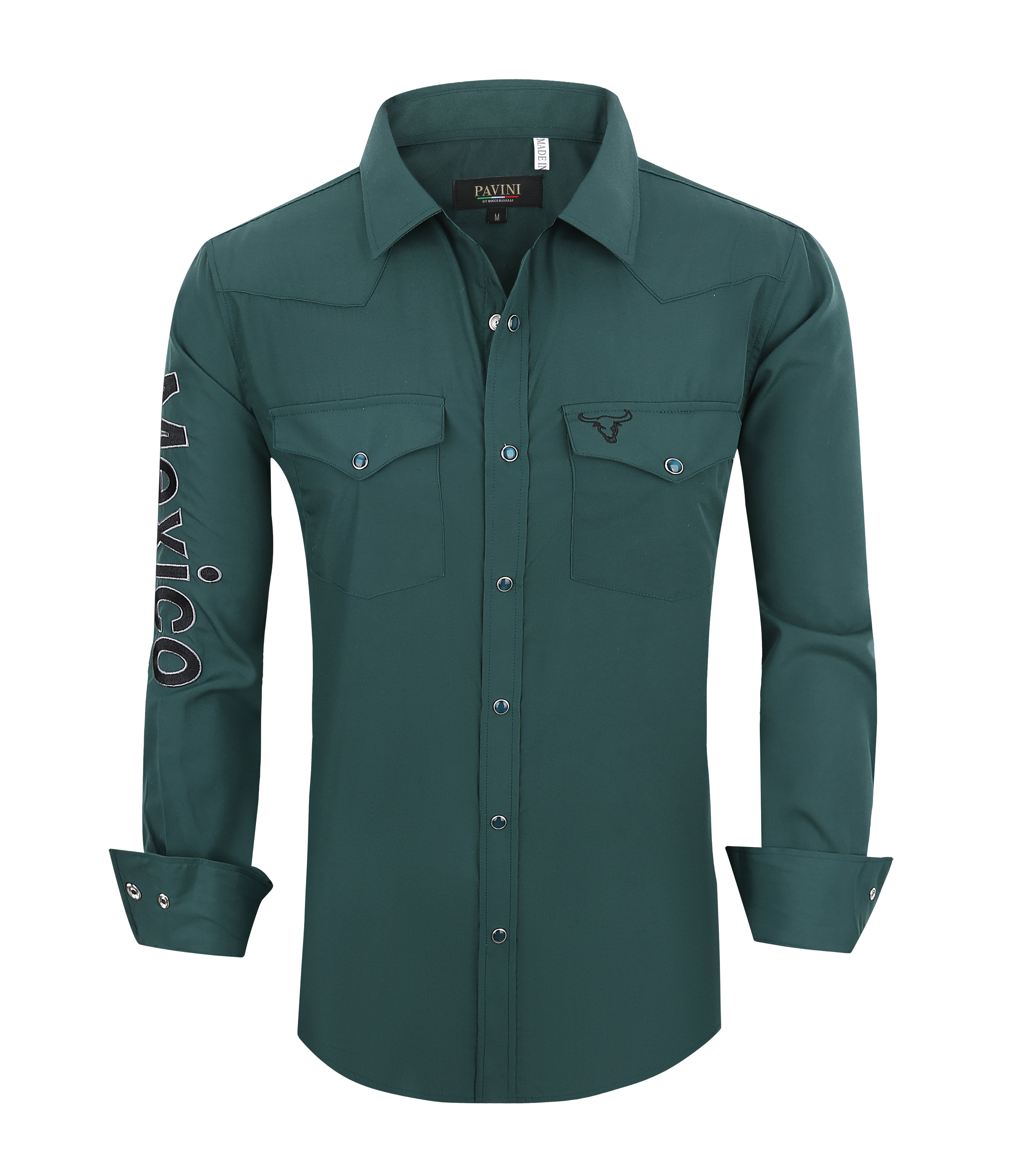 PAVINI Men’s Mexico Western Snap Shirt – Long Sleeve, Embroidered Sleeve Flag Patch