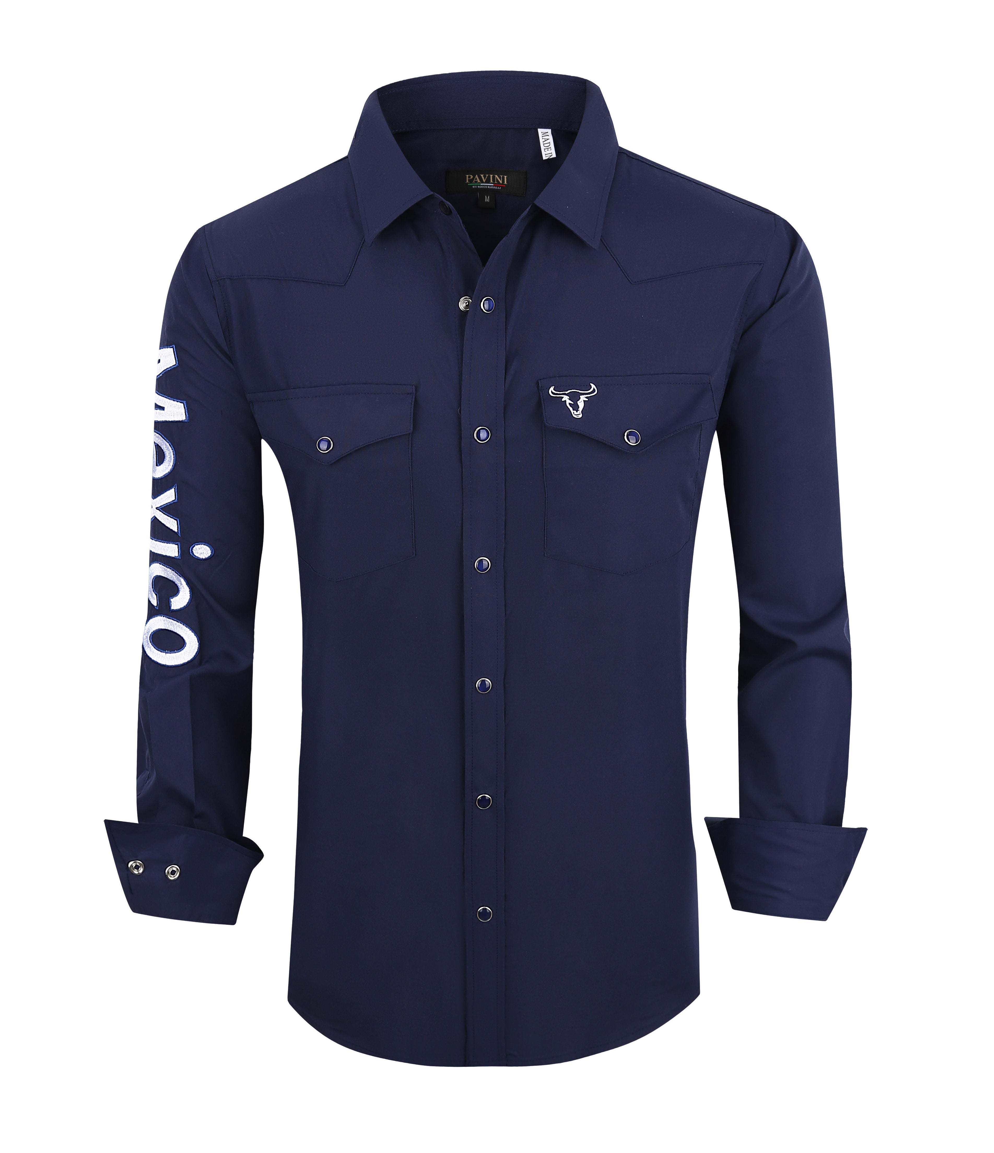 PAVINI Men’s Mexico Western Snap Shirt – Long Sleeve, Embroidered Sleeve Flag Patch