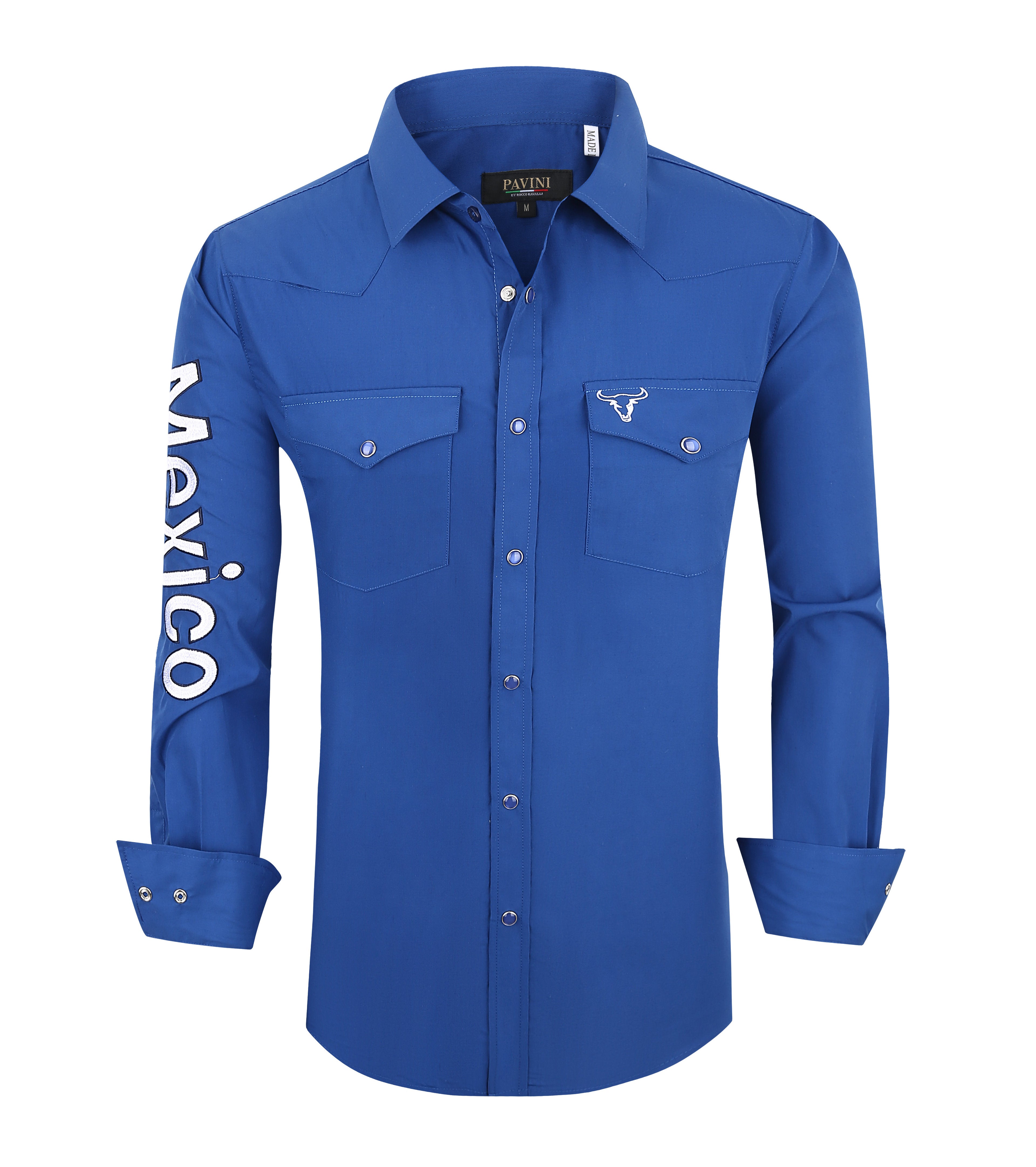 PAVINI Men’s Mexico Western Snap Shirt – Long Sleeve, Embroidered Sleeve Flag Patch