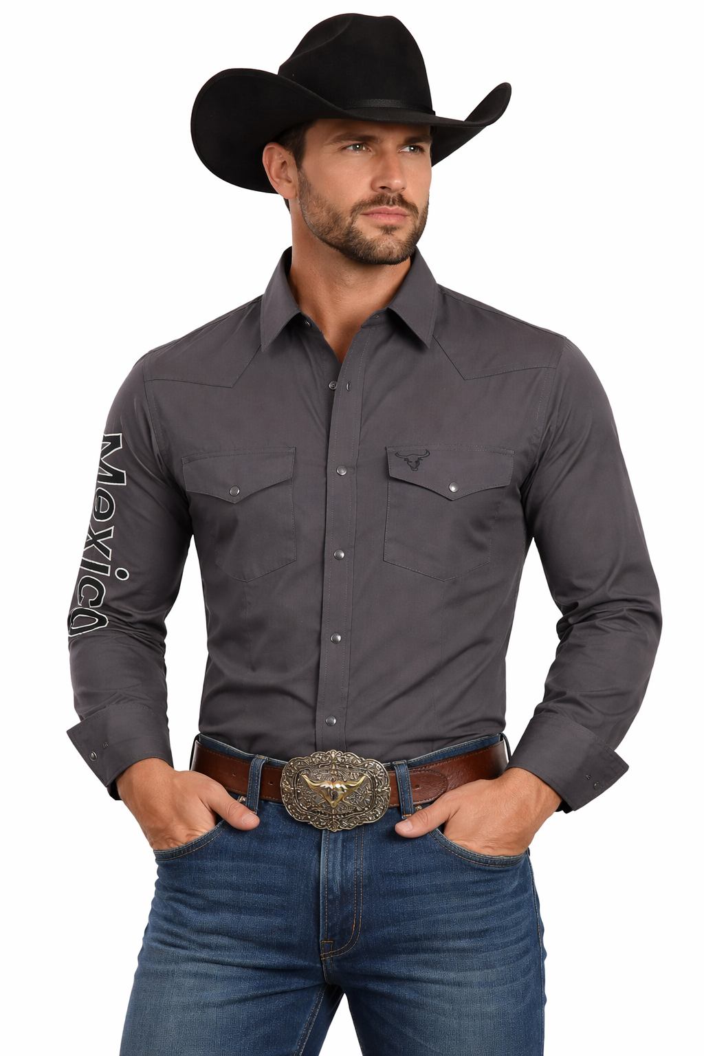 PAVINI Men’s Mexico Western Snap Shirt – Long Sleeve, Embroidered Sleeve Flag Patch