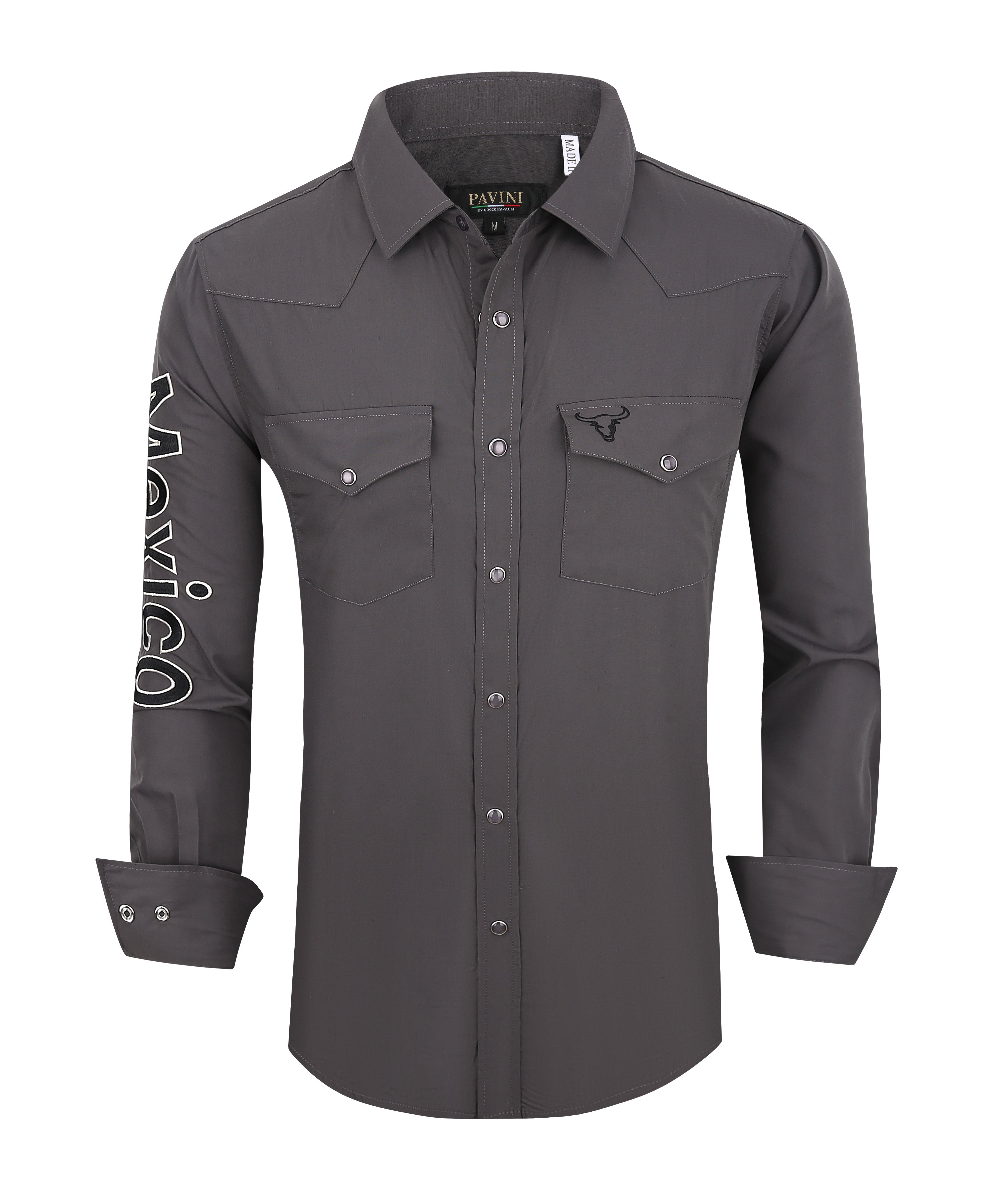 PAVINI Men’s Mexico Western Snap Shirt – Long Sleeve, Embroidered Sleeve Flag Patch