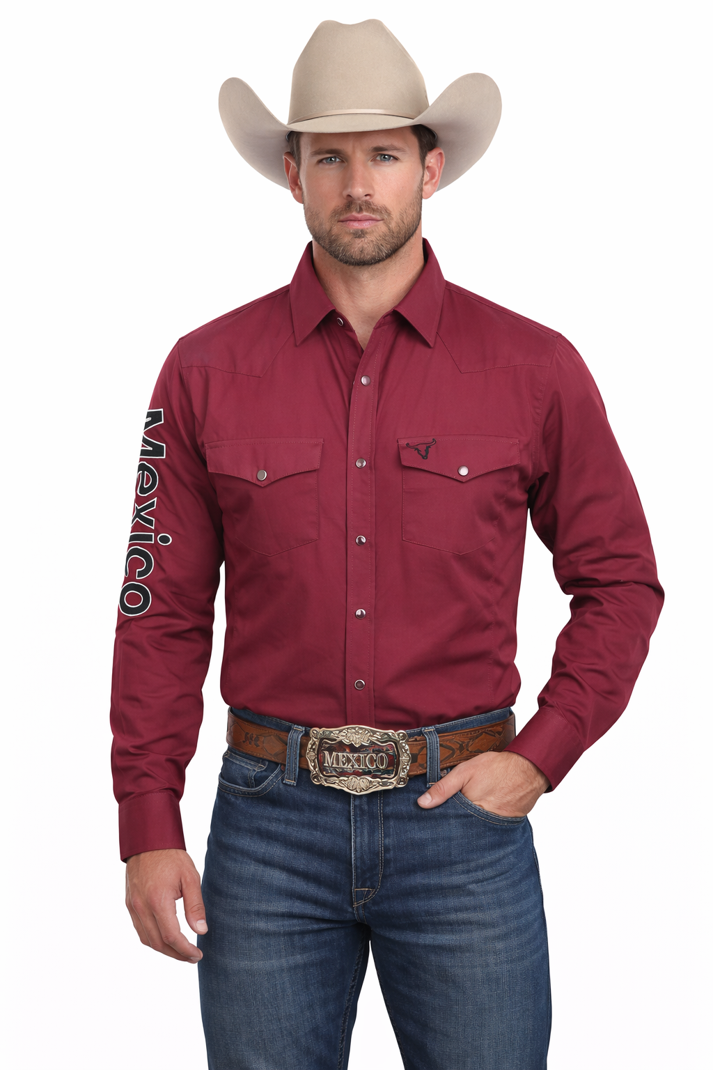 PAVINI Men’s Mexico Western Snap Shirt – Long Sleeve, Embroidered Sleeve Flag Patch