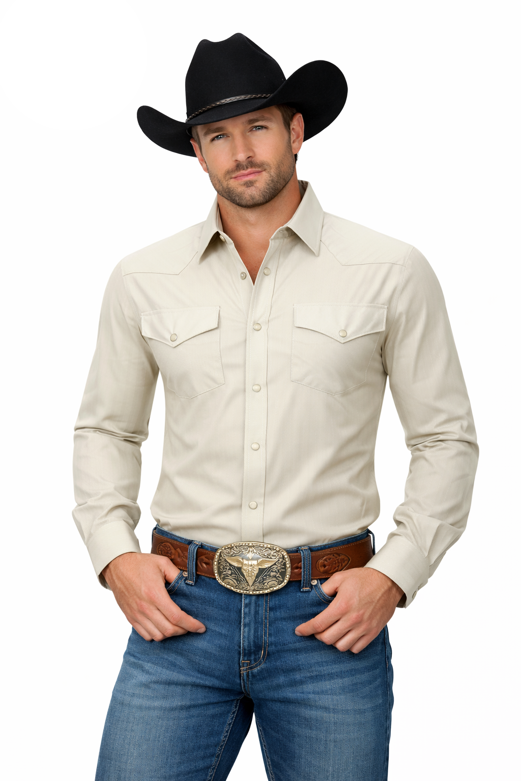 Snap Down Western Long Sleeve Shirt With Texture