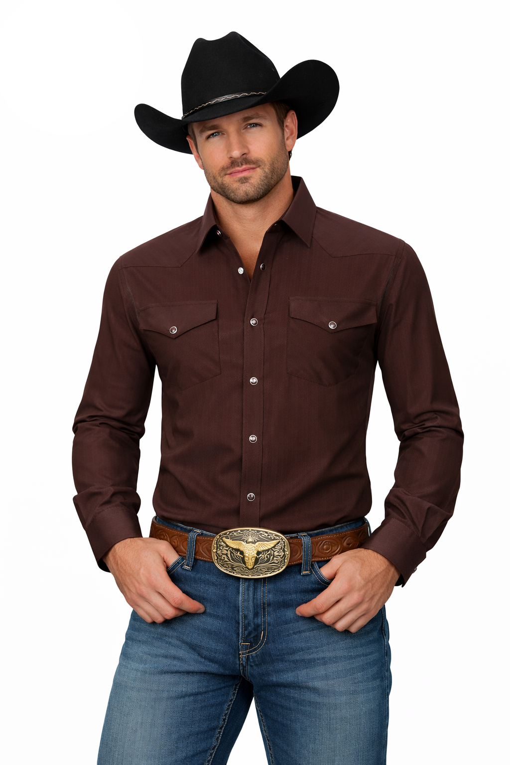 Snap Down Western Long Sleeve Shirt With Texture