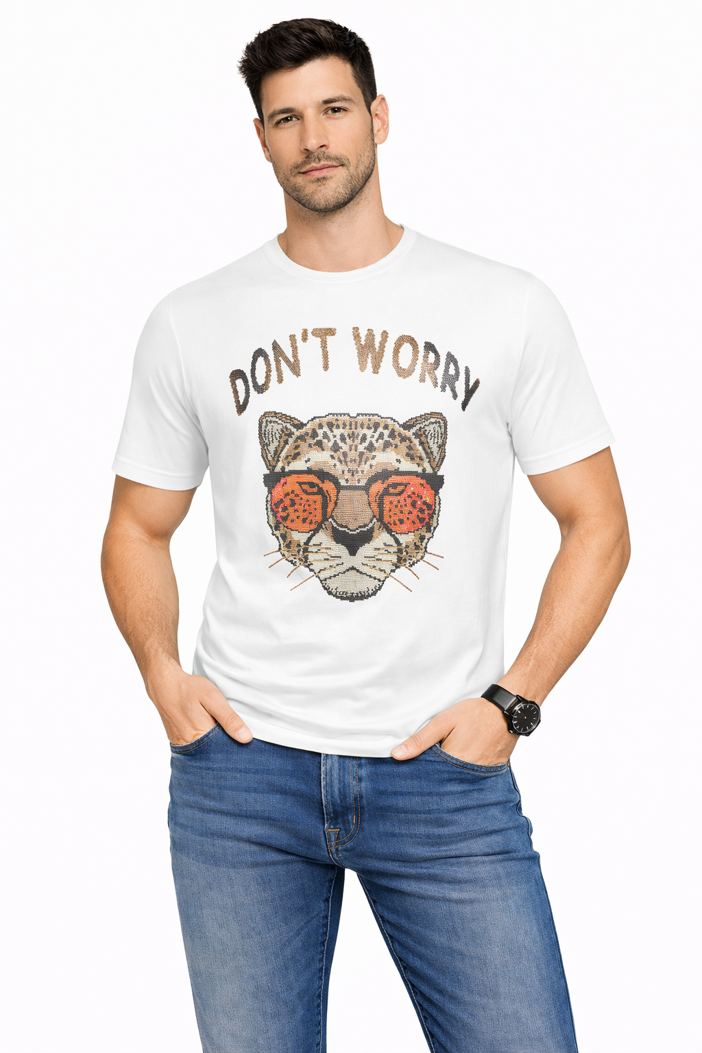 “Don’t Worry” Rhinestone Leopard Tee
