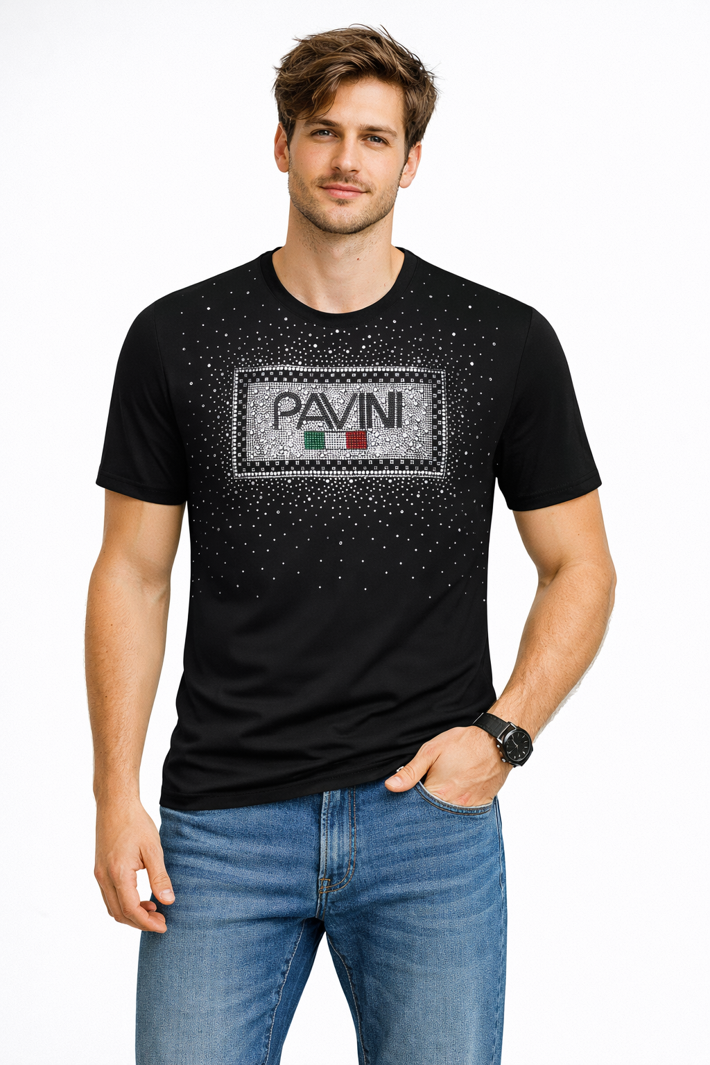 Graphic Crewneck T-Shirt PAVINI Logo Rhinestone-Style Design
