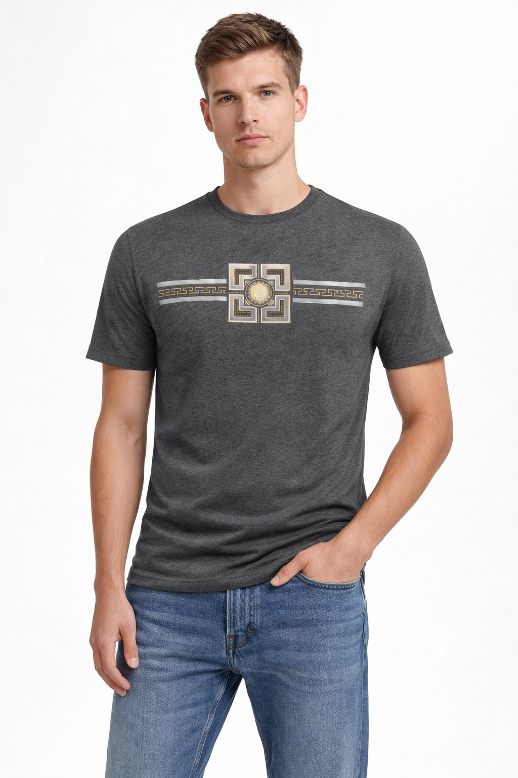Graphic Crewneck T-Shirt – Greek Key Band & Medallion Detail