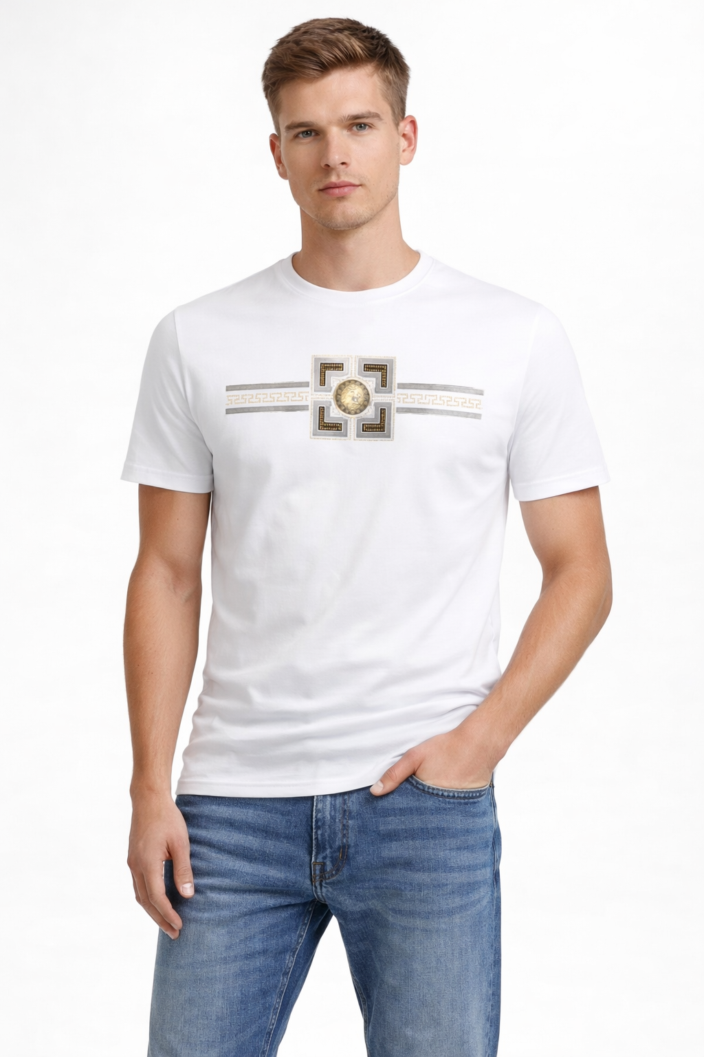 Graphic Crewneck T-Shirt – Greek Key Band & Medallion Detail