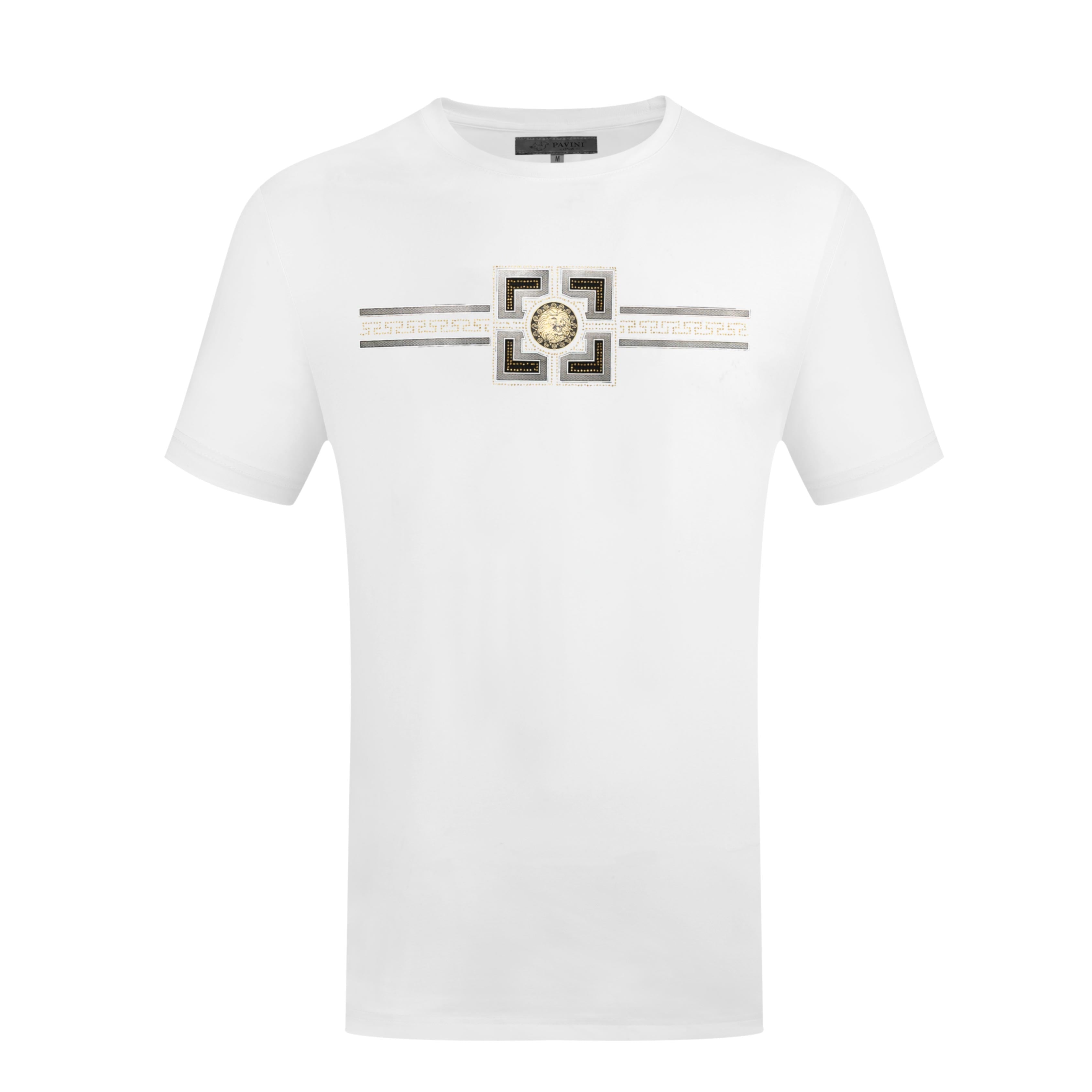 Graphic Crewneck T-Shirt – Greek Key Band & Medallion Detail