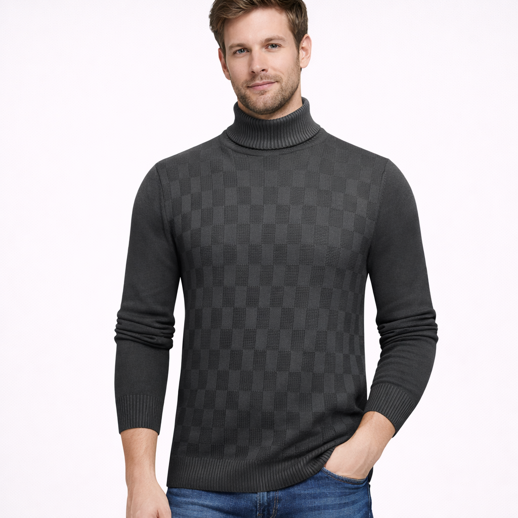 Checkered Knit Turtleneck Sweater