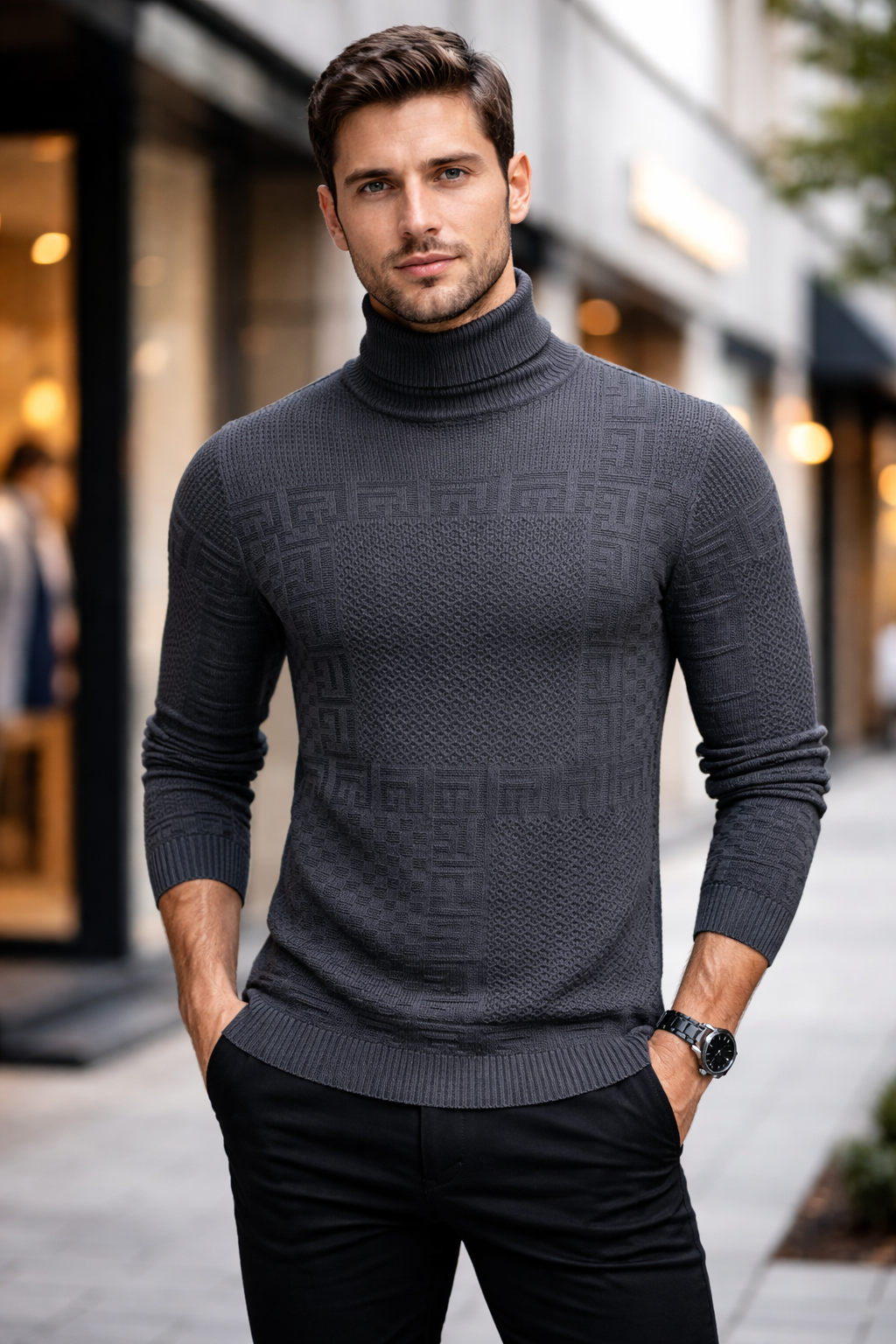 Textured Patchwork Turtleneck Sweater
