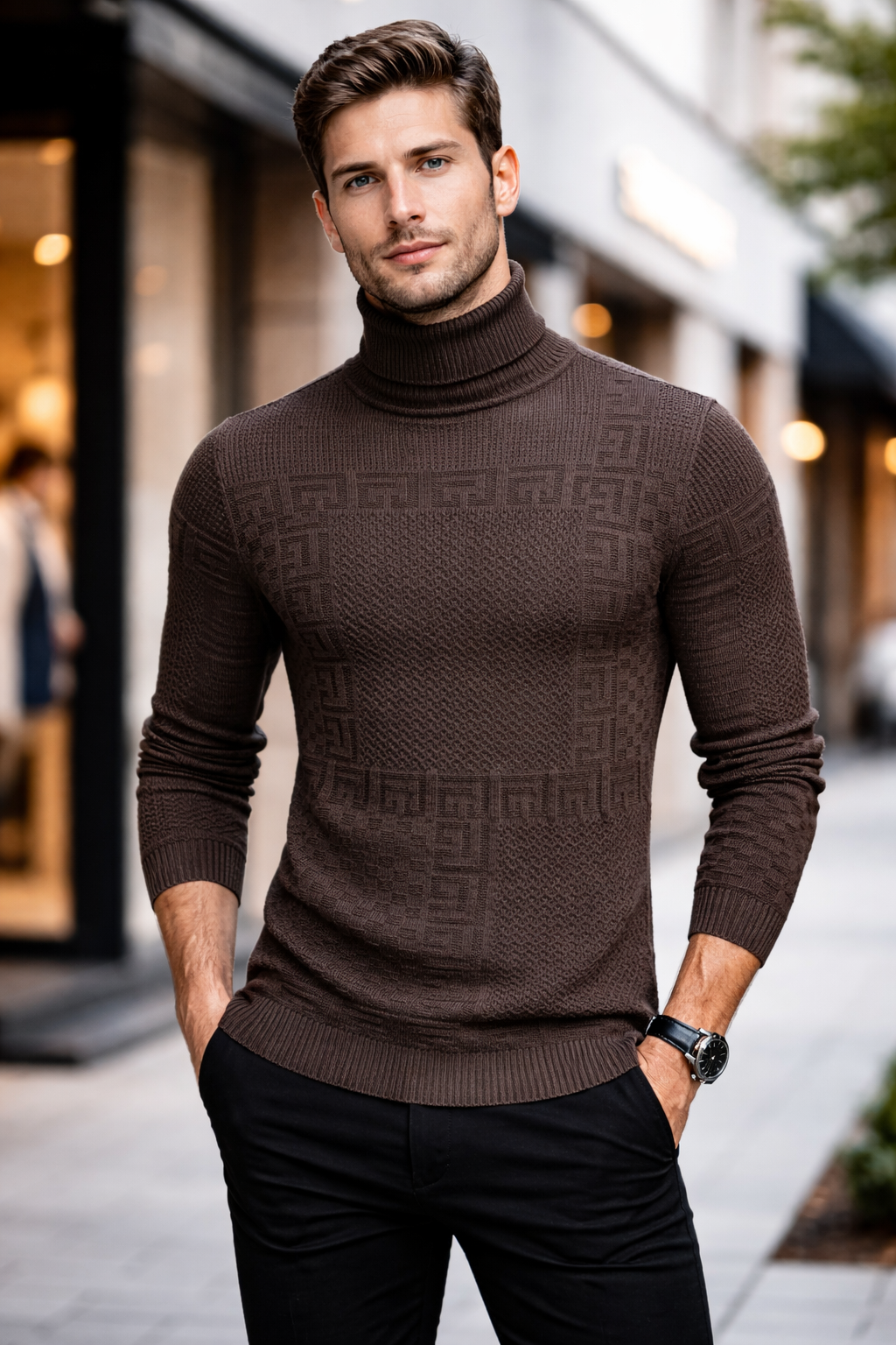 Textured Patchwork Turtleneck Sweater