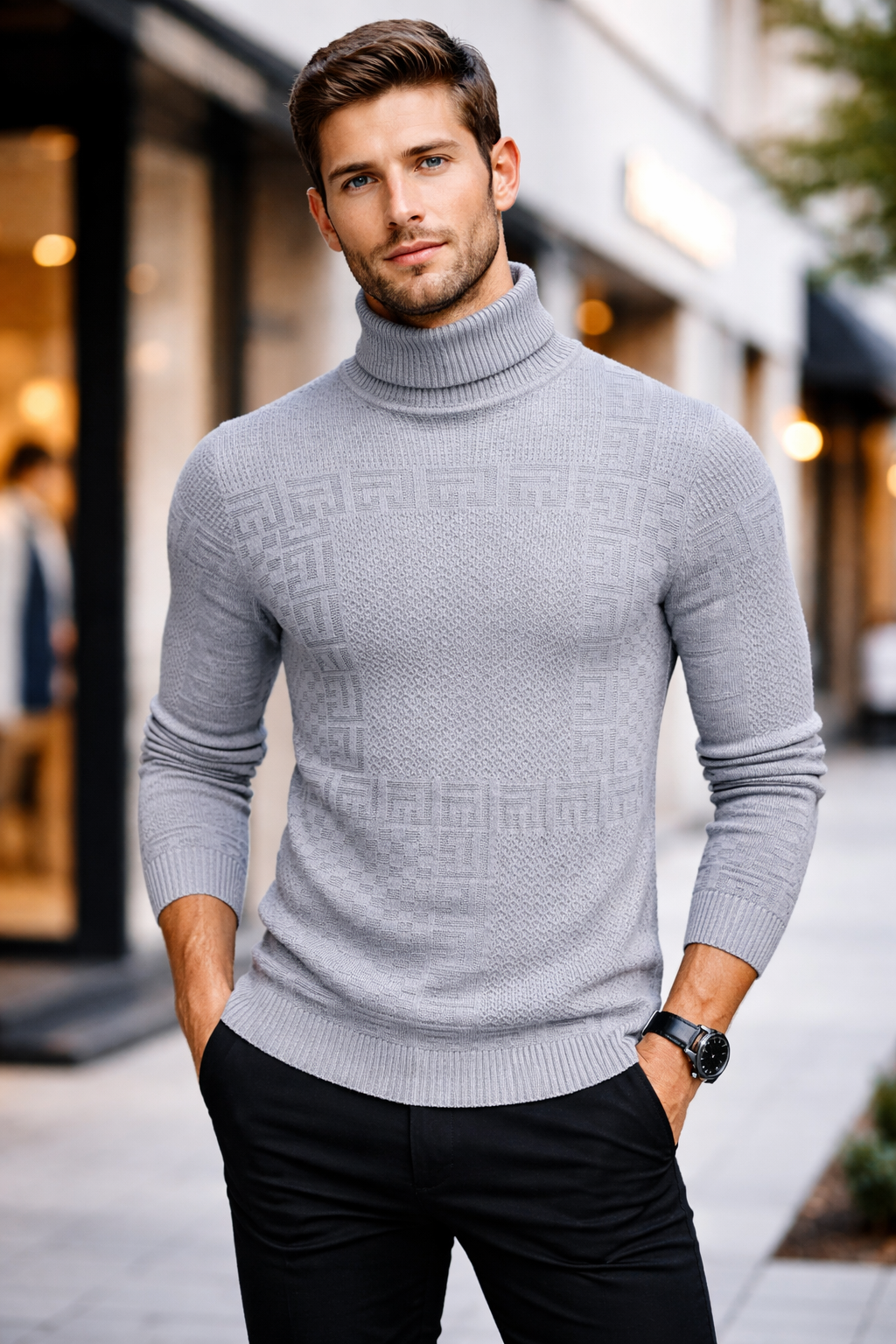Textured Patchwork Turtleneck Sweater