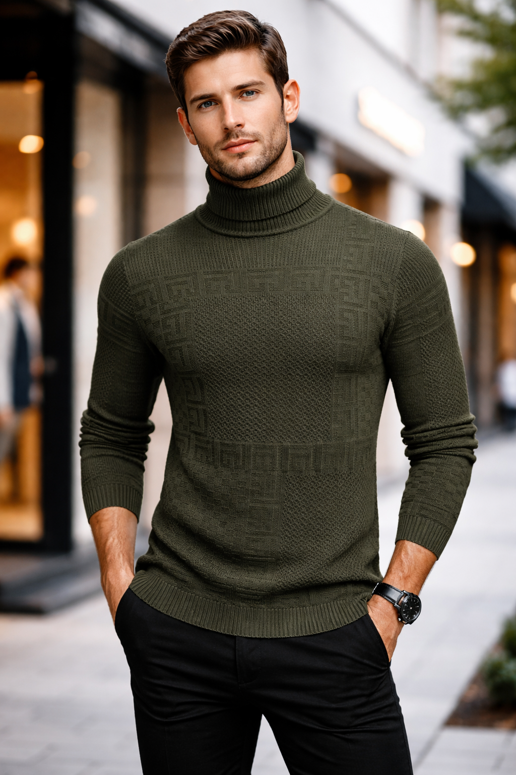 Textured Patchwork Turtleneck Sweater