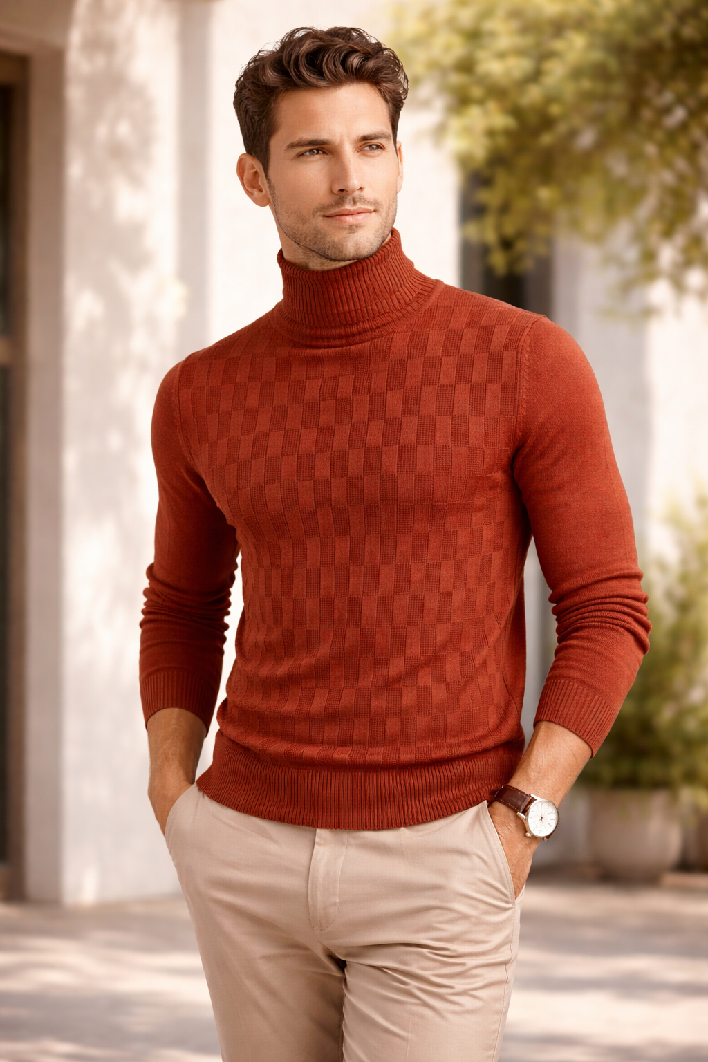 Checkered Knit Turtleneck Sweater