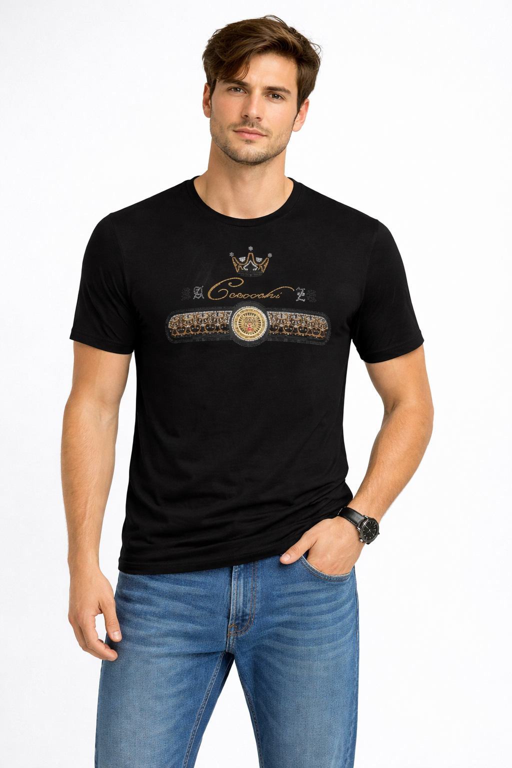V-Neck Graphic T-Shirt – Crown Medallion Detail