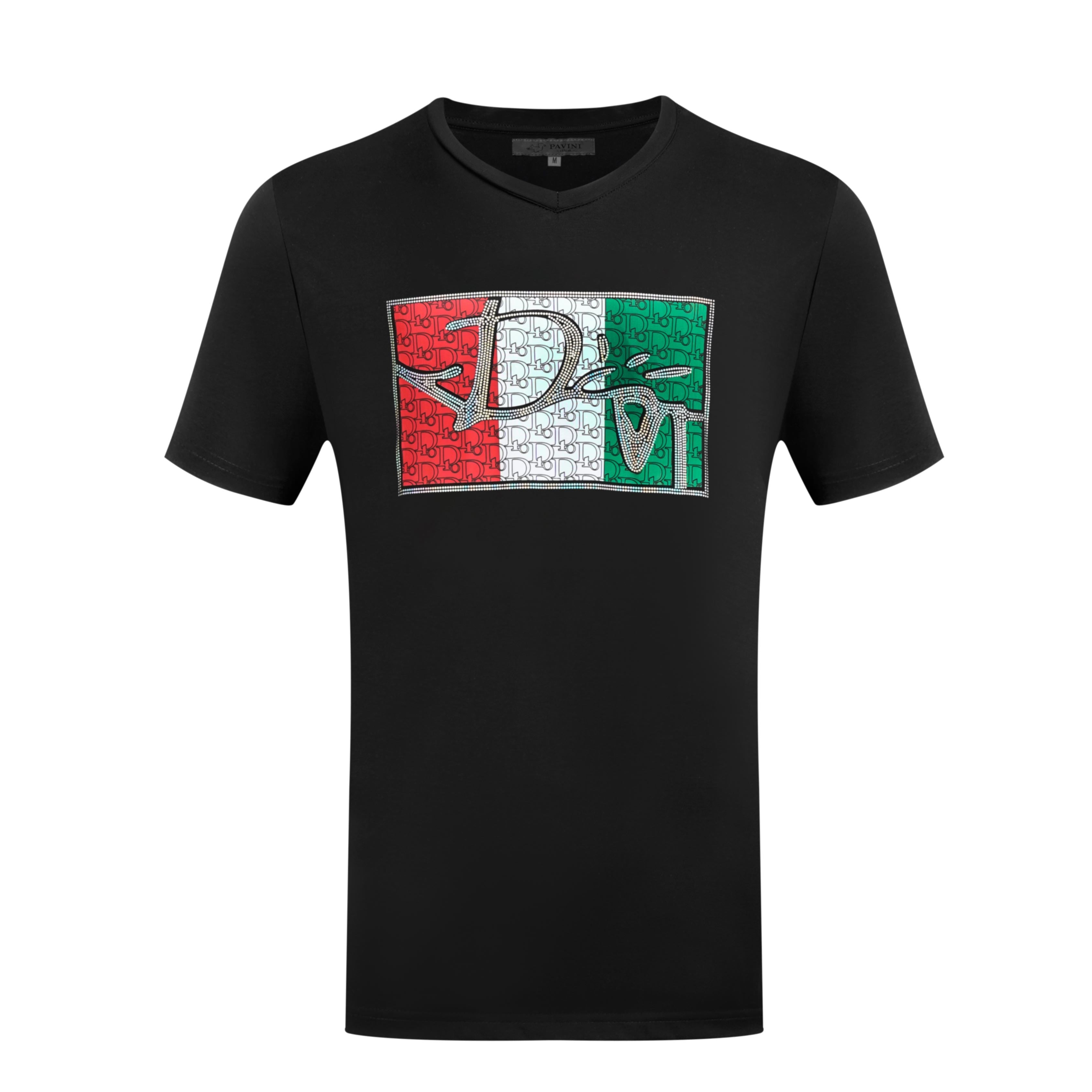 V-Neck Graphic T-Shirt – Tricolor Panel Logo Design