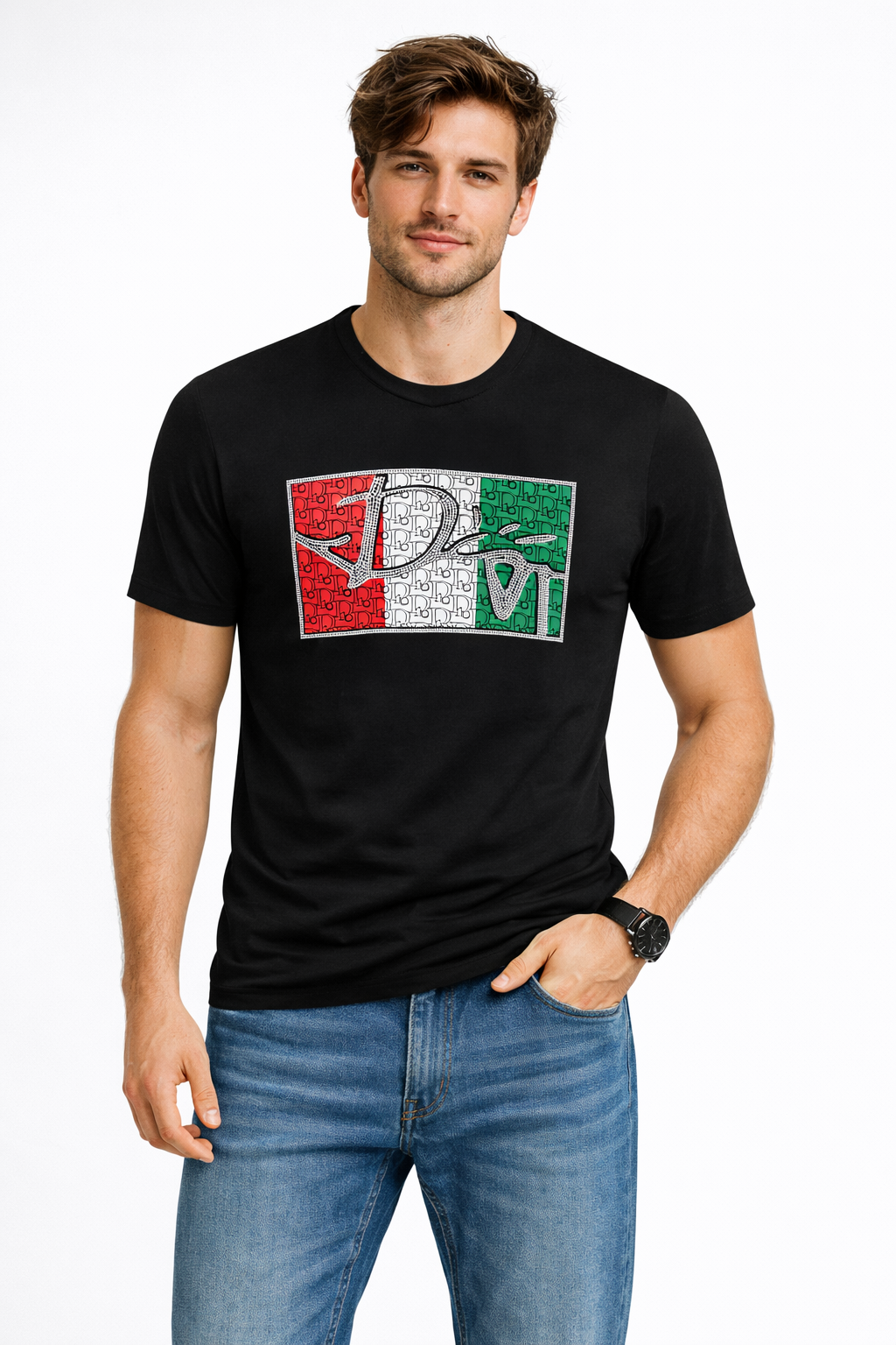 V-Neck Graphic T-Shirt – Tricolor Panel Logo Design