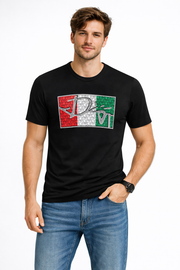 V-Neck Graphic T-Shirt – Tricolor Panel Logo Design