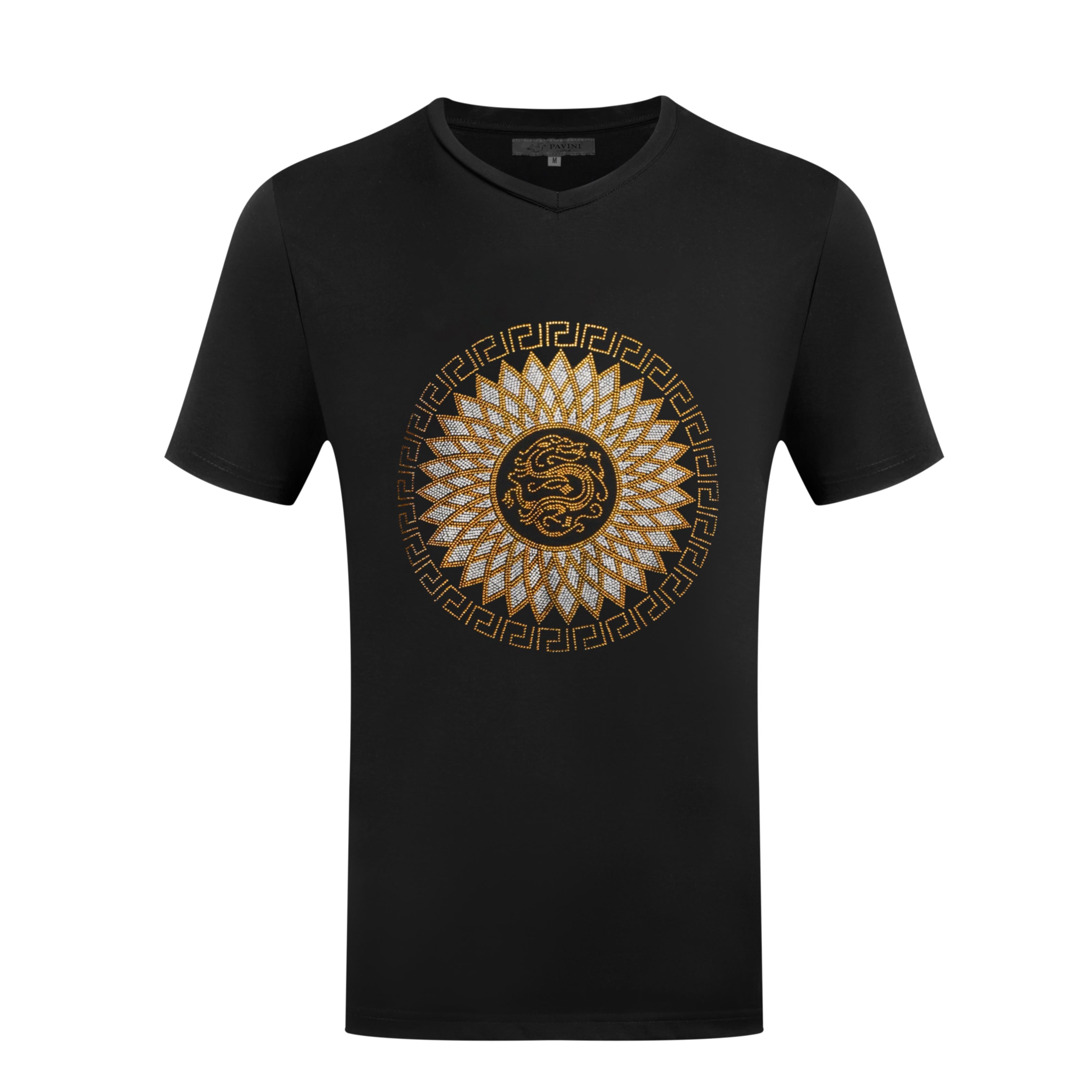 V-Neck Graphic T-Shirt – Medallion Sunburst Design