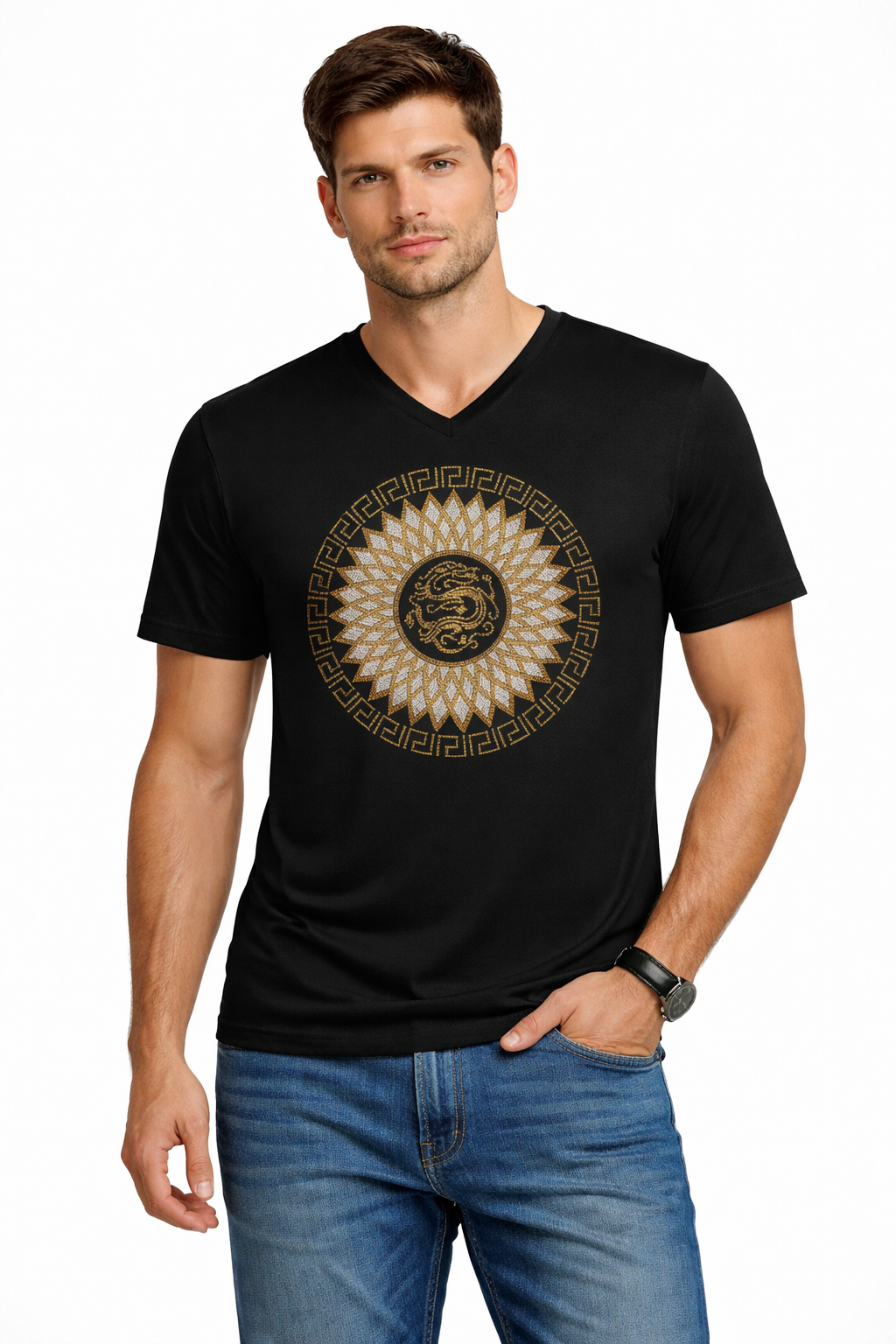 V-Neck Graphic T-Shirt – Medallion Sunburst Design