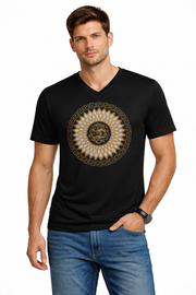 V-Neck Graphic T-Shirt – Medallion Sunburst Design