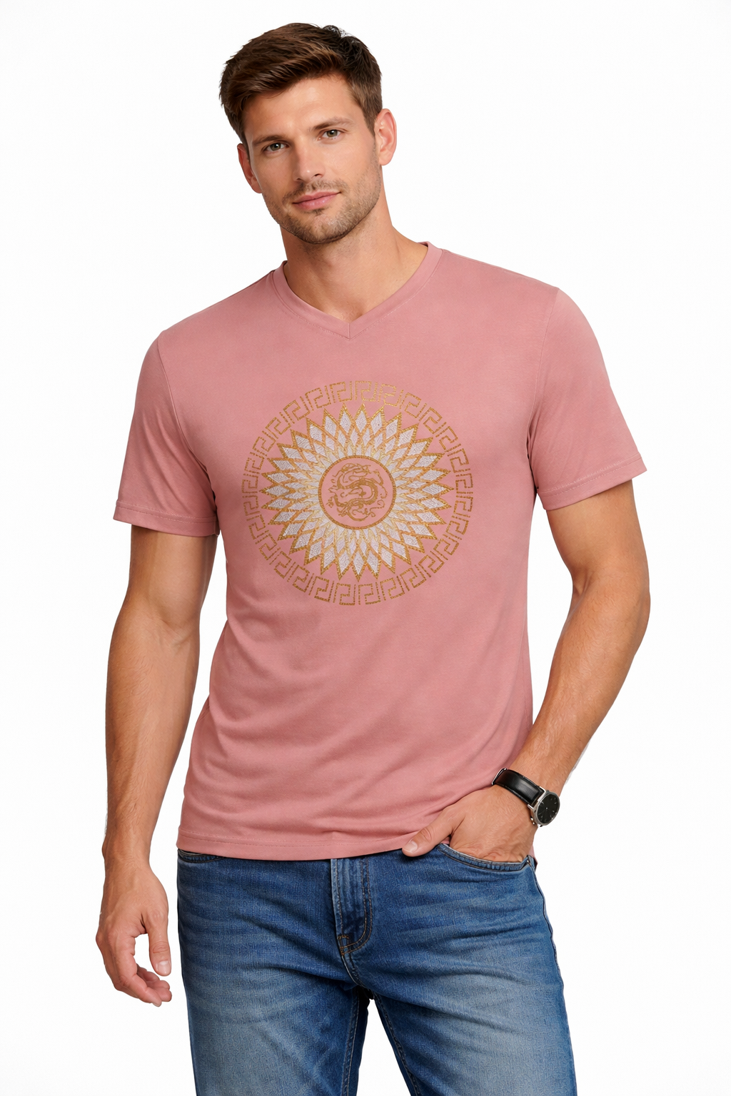 V-Neck Graphic T-Shirt – Medallion Sunburst Design